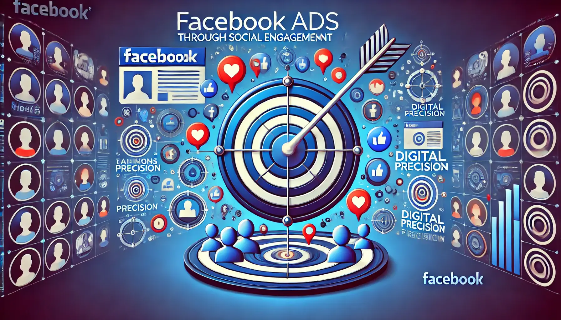 An abstract illustration representing Facebook Ads targeting through social engagement, with symbols like newsfeed, reactions, and a dartboard for audience precision.