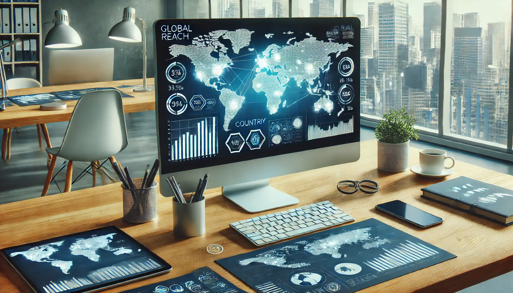 A computer screen displaying a digital map highlighting international markets with sales and engagement analytics.