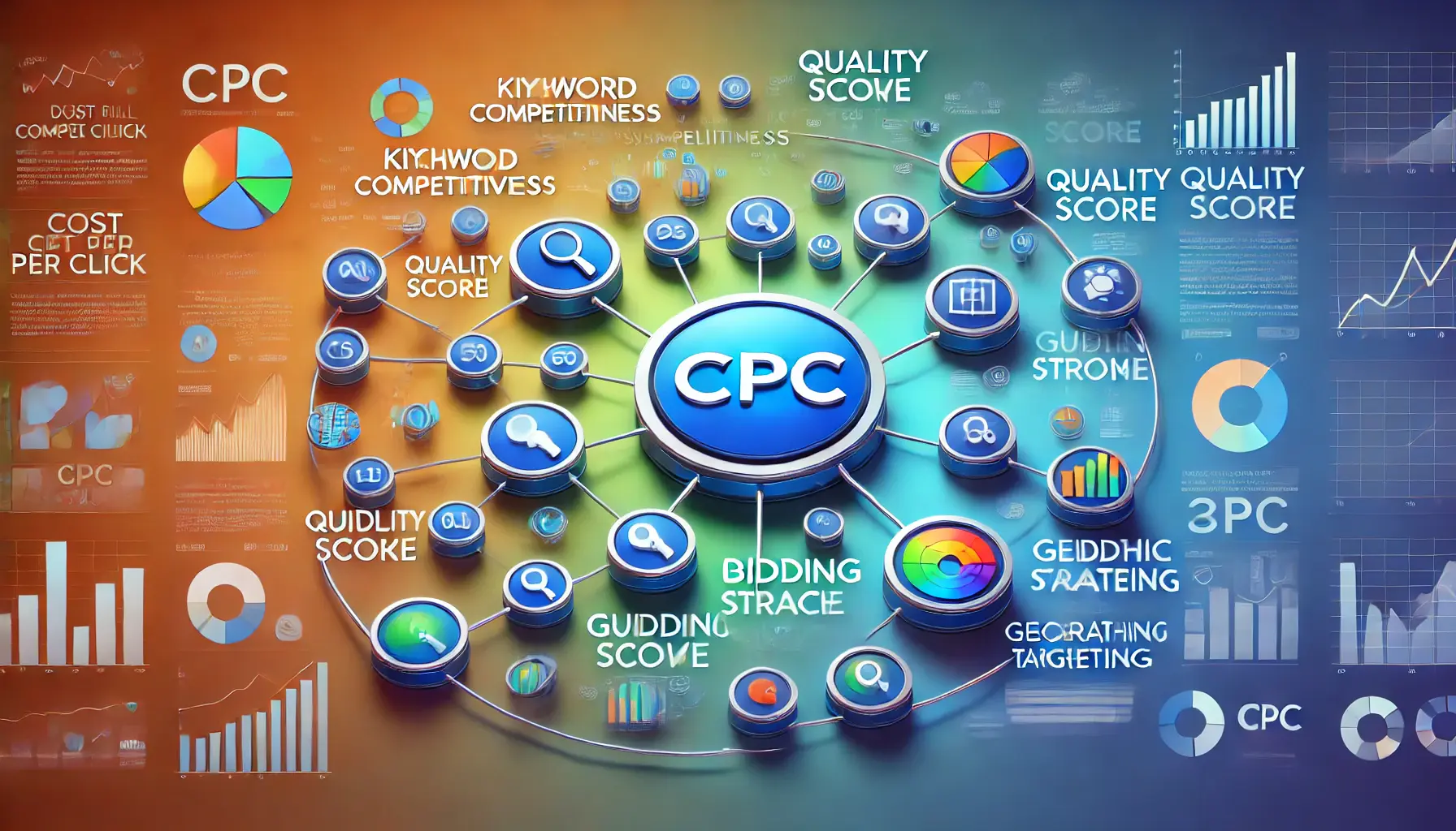 Illustration of interconnected icons for factors like keyword competitiveness, Quality Score, bidding strategy, and geographic targeting affecting CPC rates.