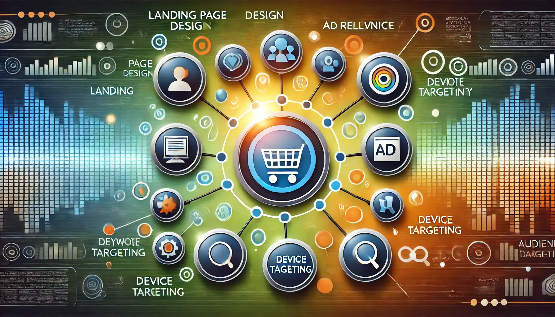 Circular flow of interconnected icons representing factors like landing page design, ad relevance, keyword intent, and device targeting influencing conversion rates.