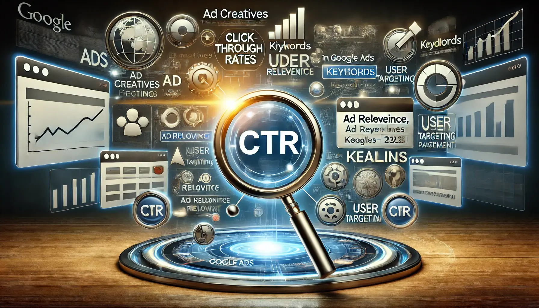 A detailed digital marketing visualization showing factors affecting click-through rates (CTR) such as ad creatives, keywords, and targeting, with icons and highlighted points.