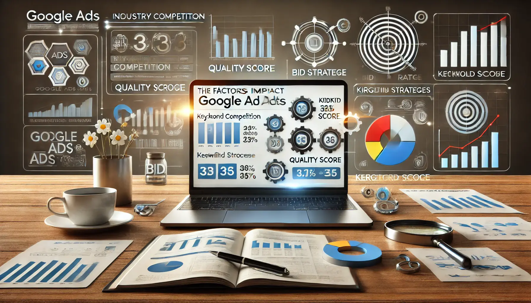 A digital marketing workspace showing a laptop with a dashboard displaying key metrics like keyword competition, Quality Score, and targeting options.