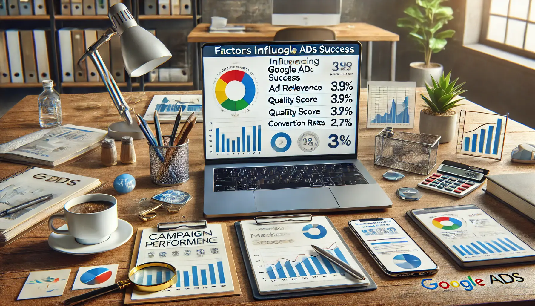 A laptop screen displaying a campaign performance dashboard with metrics like ad relevance, Quality Score, and conversion rates, surrounded by a graph, coffee cup, smartphone, and notebook on a modern desk.