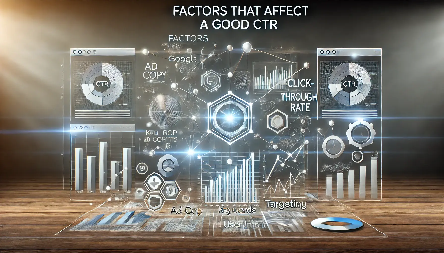 A digital dashboard showcasing key factors influencing CTR, including ad copy, keywords, and targeting.