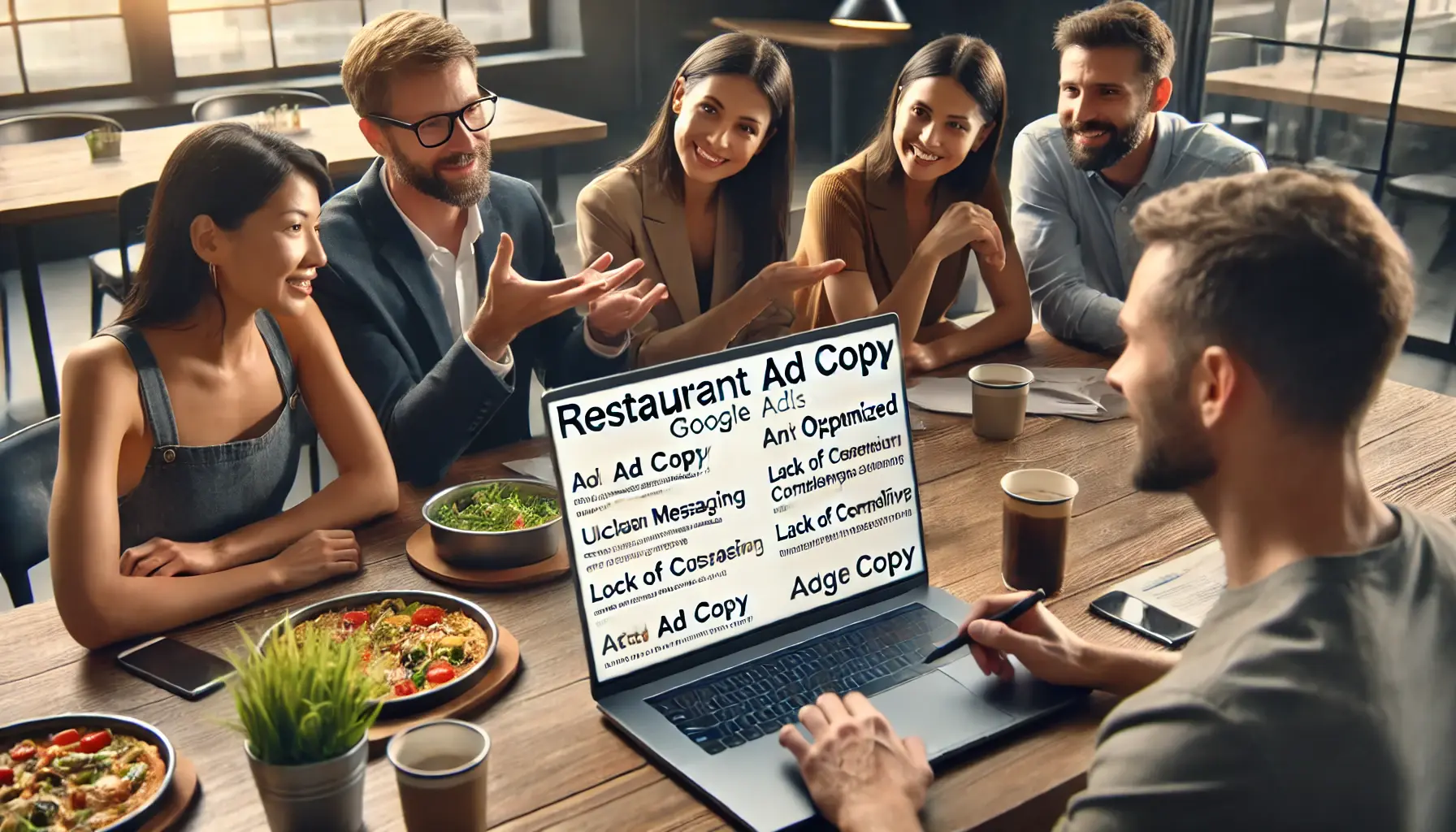A restaurant marketing team reviewing and discussing ad copy on a laptop screen, identifying areas for improvement.