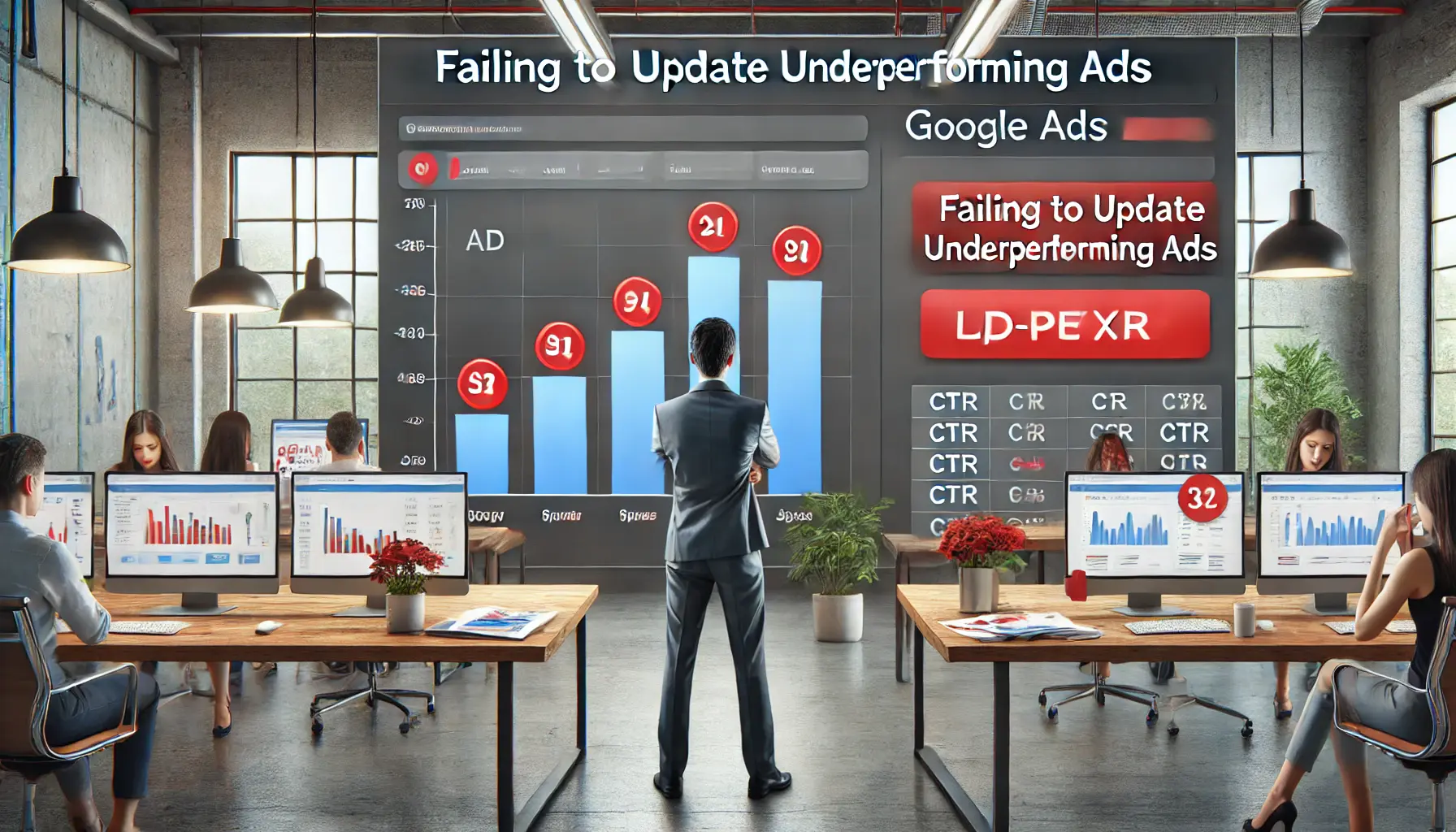 A digital marketer analyzing underperforming ads with low performance indicators on a dashboard.