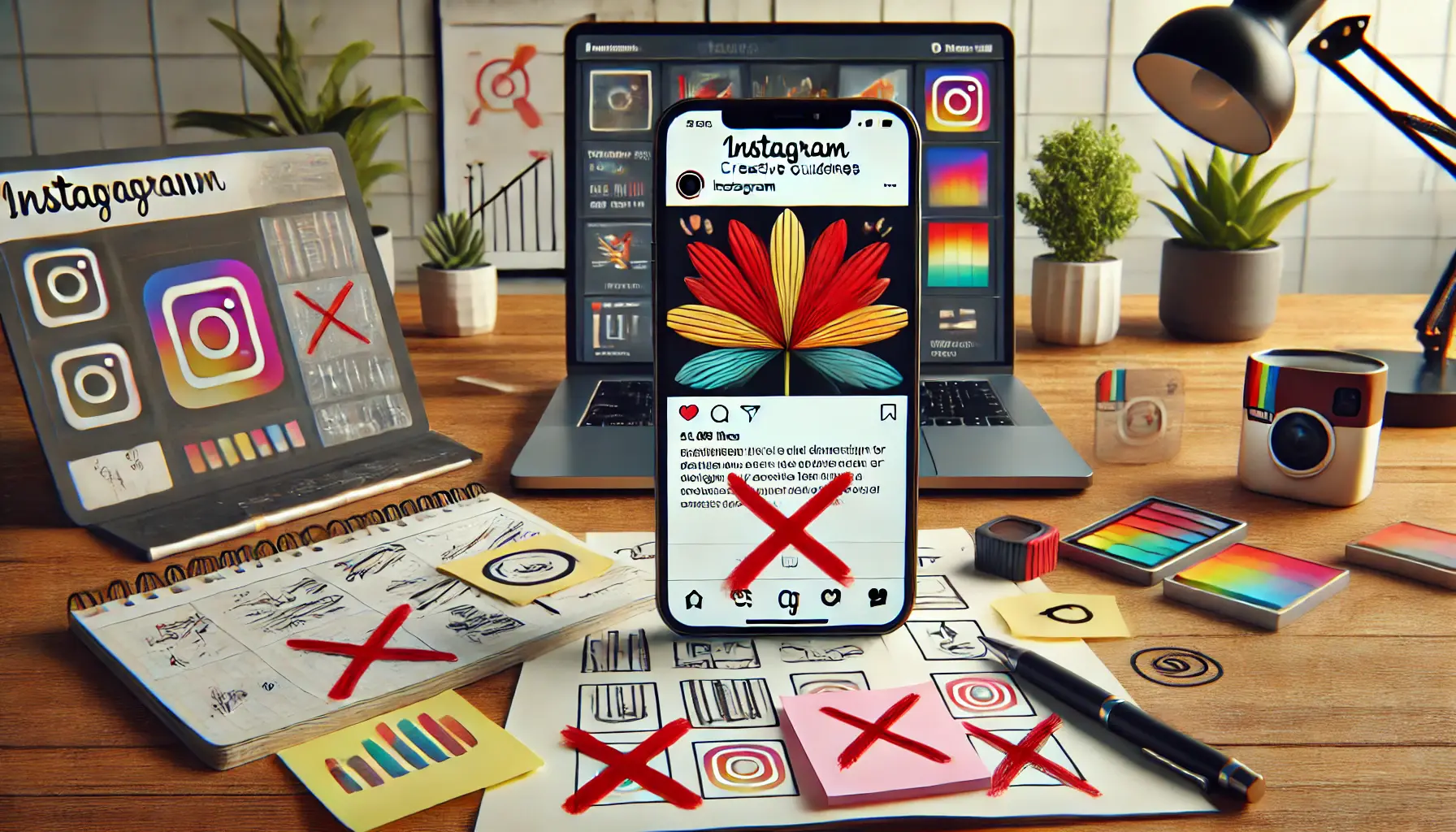 A smartphone displaying an Instagram ad with incorrect design surrounded by a laptop showing analytics errors, crossed-out designs, and sticky notes with suggestions.