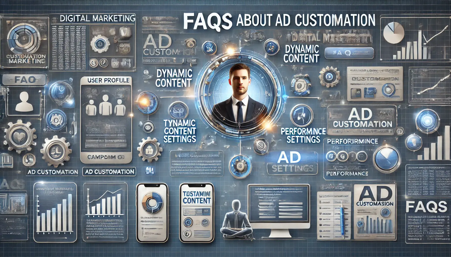 Illustration of FAQs about ad customization, showing various ad settings and performance tracking across devices.