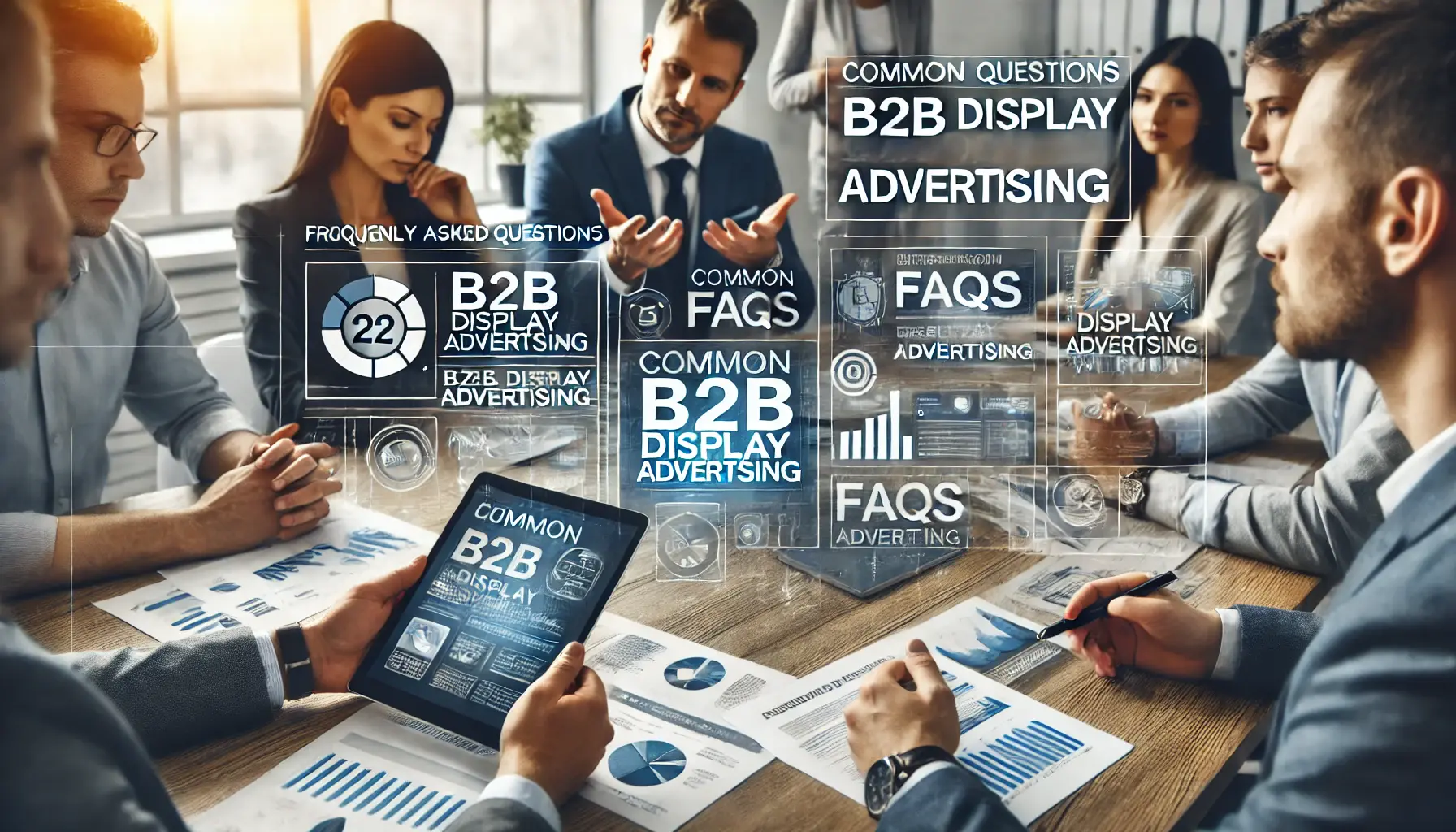 A team of marketers in a professional office setting discussing common FAQs about B2B display advertising, with charts and digital devices on the table.