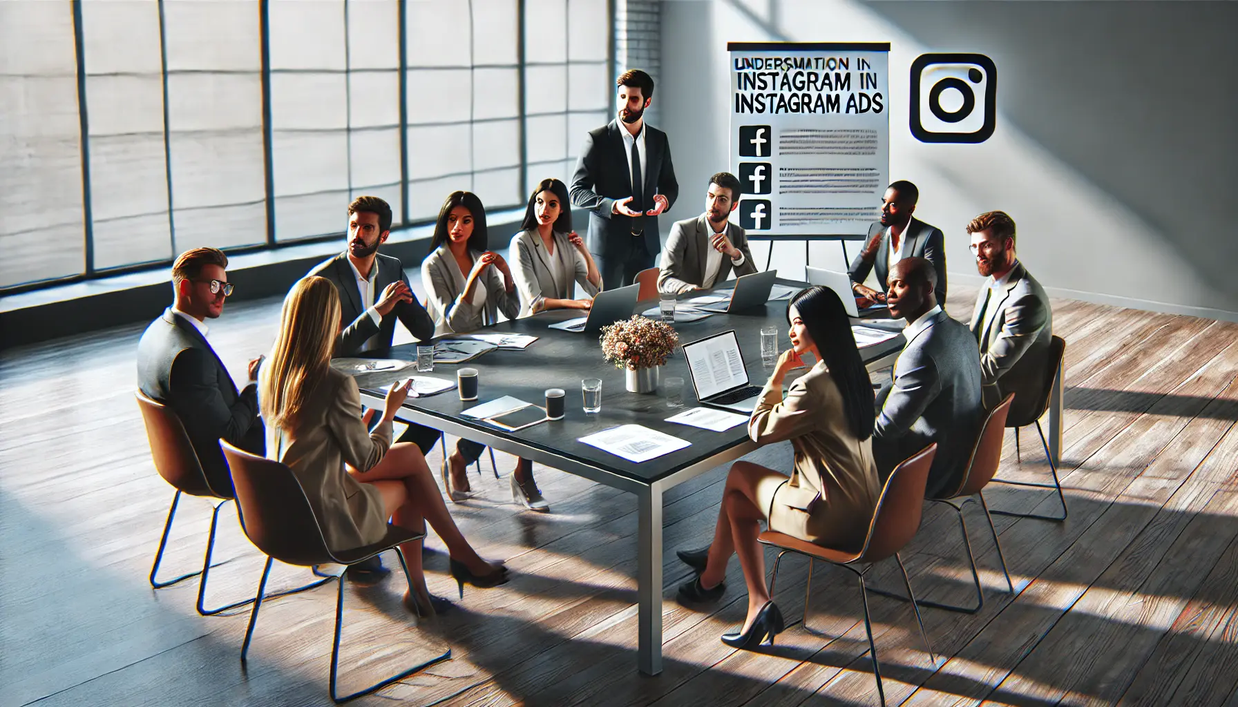 A diverse group of professionals engaged in a discussion about diversity representation in Instagram ads in a modern office setting.