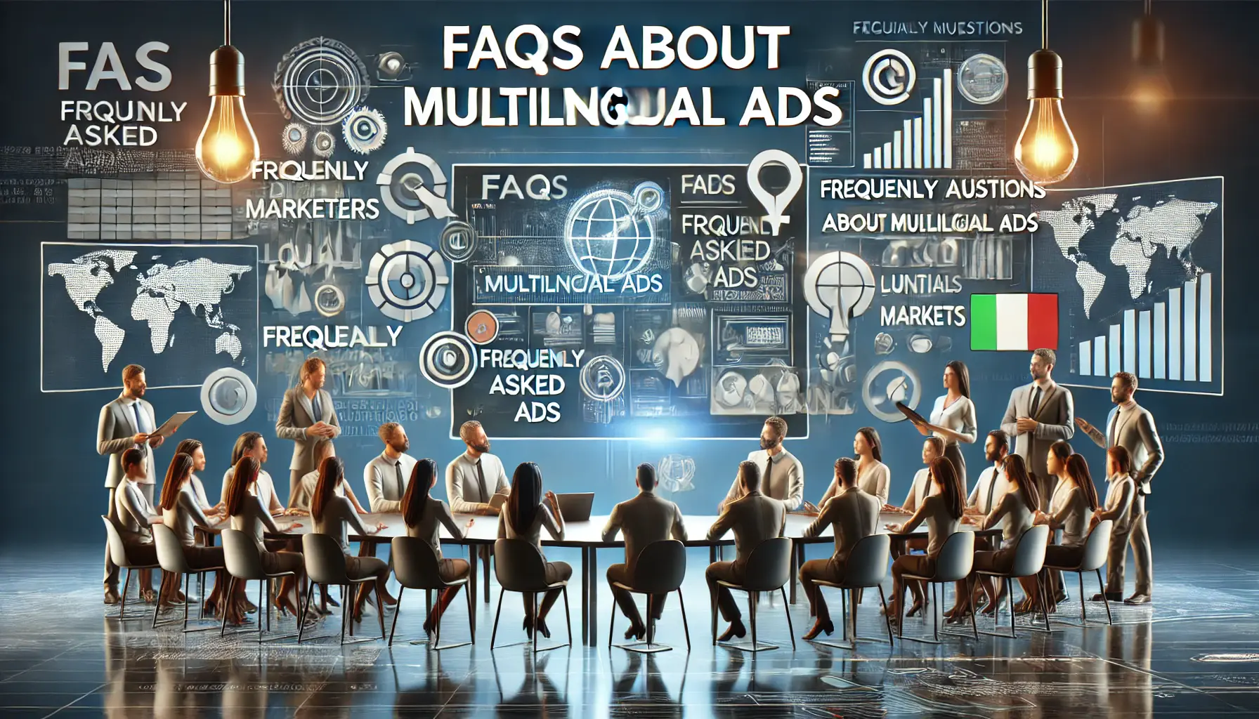 A team of digital marketers discussing frequently asked questions about multilingual ads, with a large screen displaying language and cultural elements.