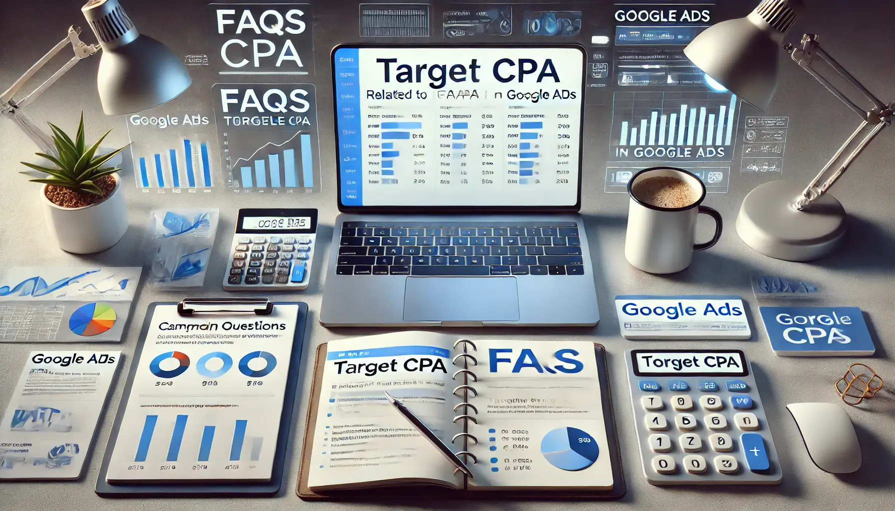 A professional digital marketing workspace with a laptop displaying Google Ads metrics, a tablet with campaign statistics, and a notepad with key points about Target CPA.