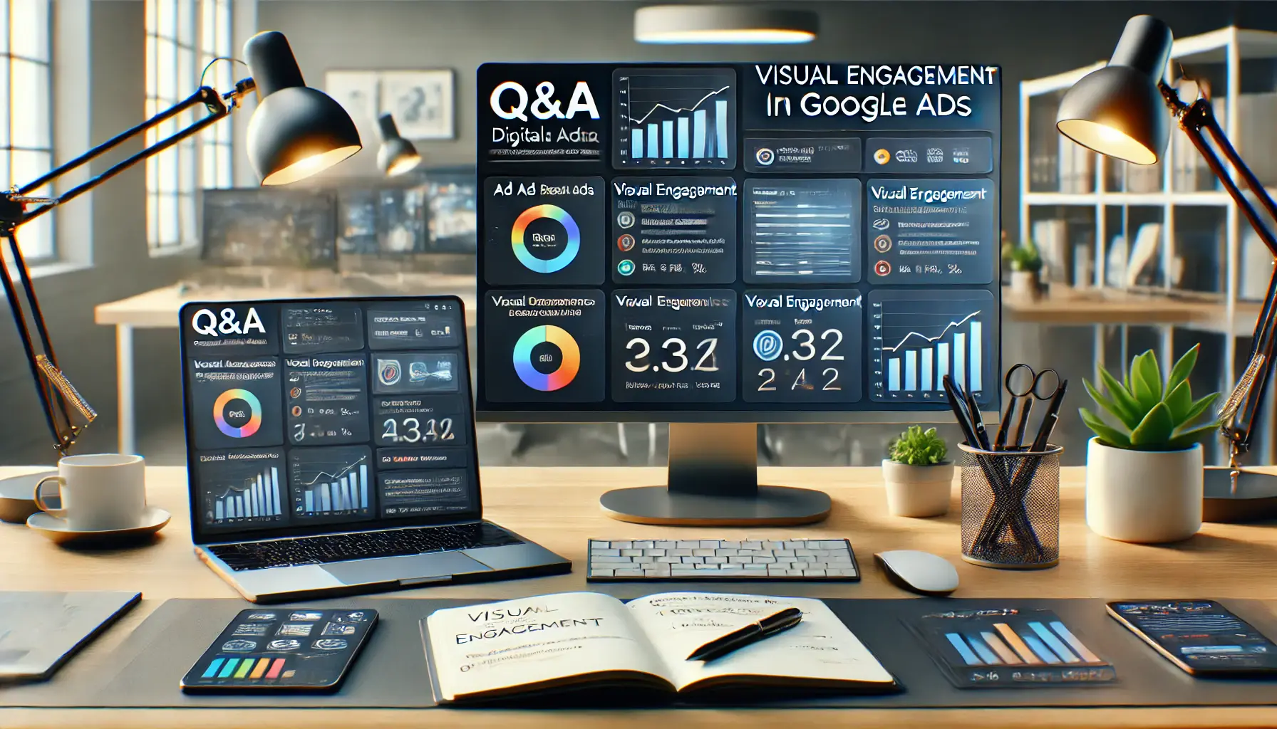 Digital marketing workspace featuring a dashboard with ad performance metrics and a clean setup for a Q&A session.