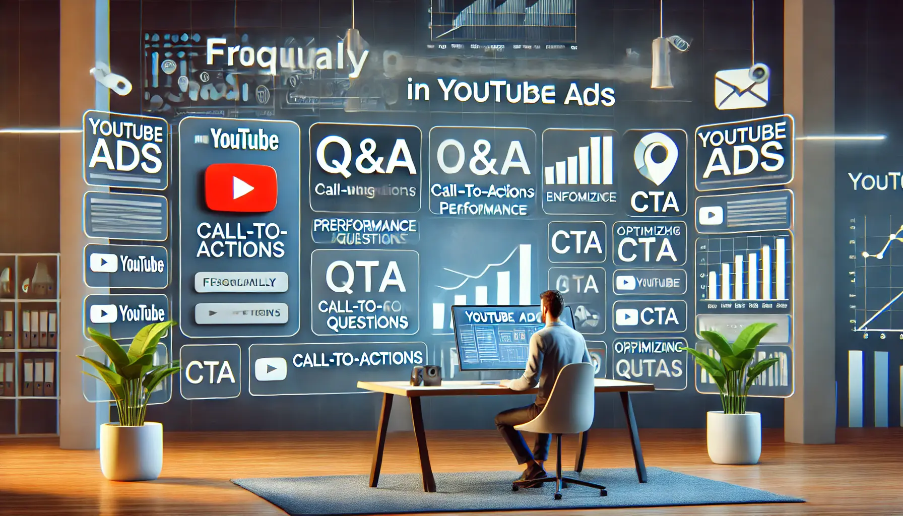 A modern workspace with a large screen displaying analytics and performance metrics, symbolizing a Q&A session about CTAs in YouTube ads.