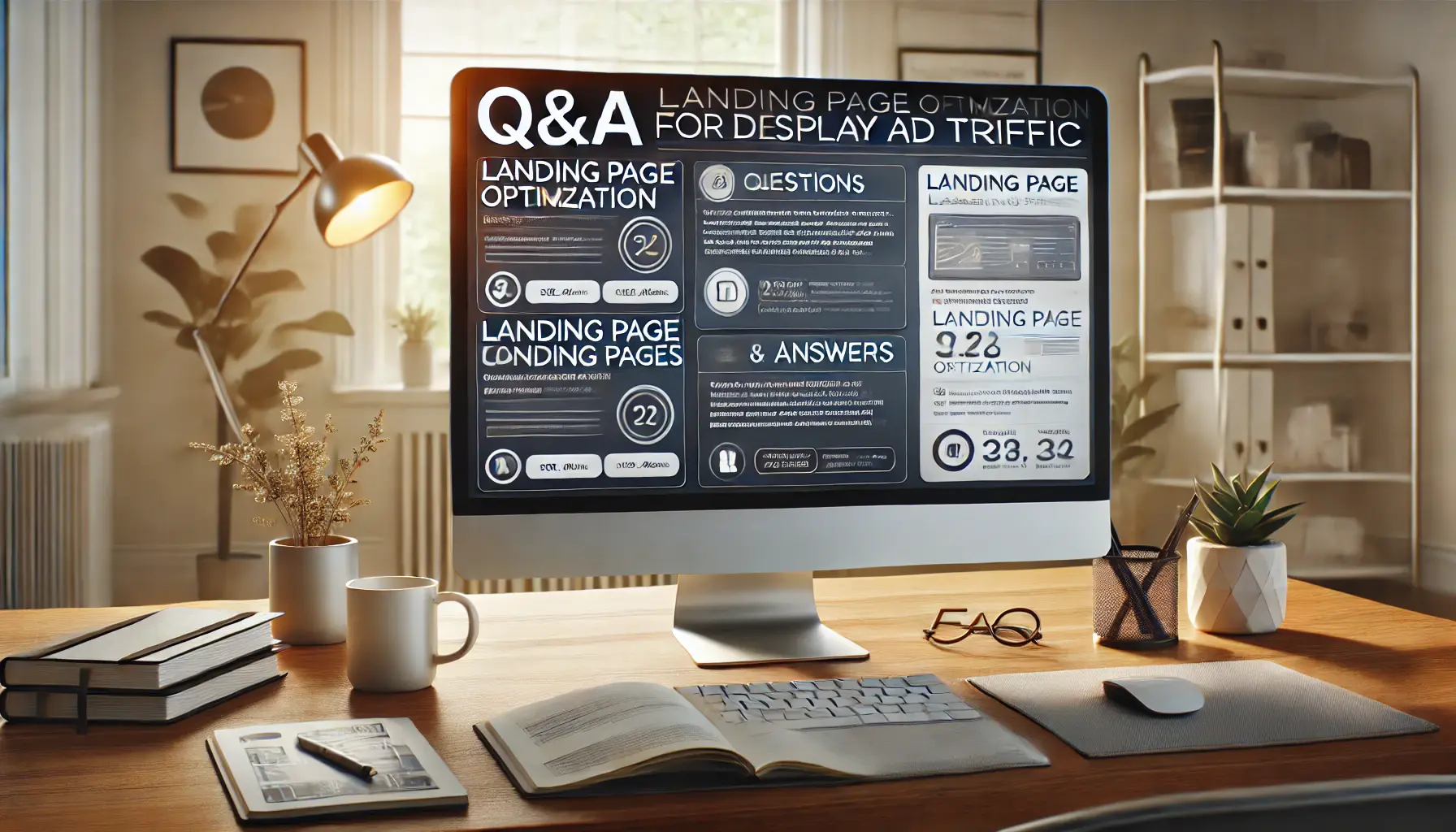 A workspace with a computer displaying a Q&A section about landing page optimization for display ad traffic.