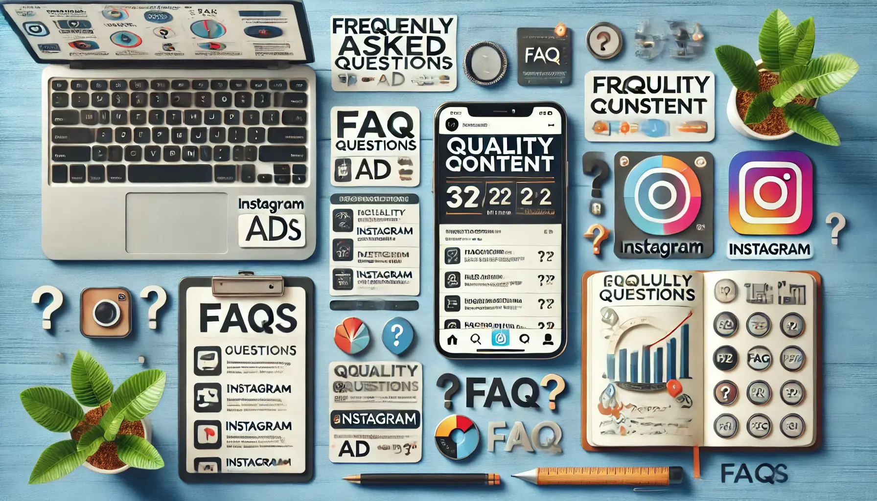 A smartphone displaying a popular Instagram ad surrounded by a laptop showing FAQ analytics, a notebook with bullet points and question marks, and a tablet with common queries about Instagram ad strategies.