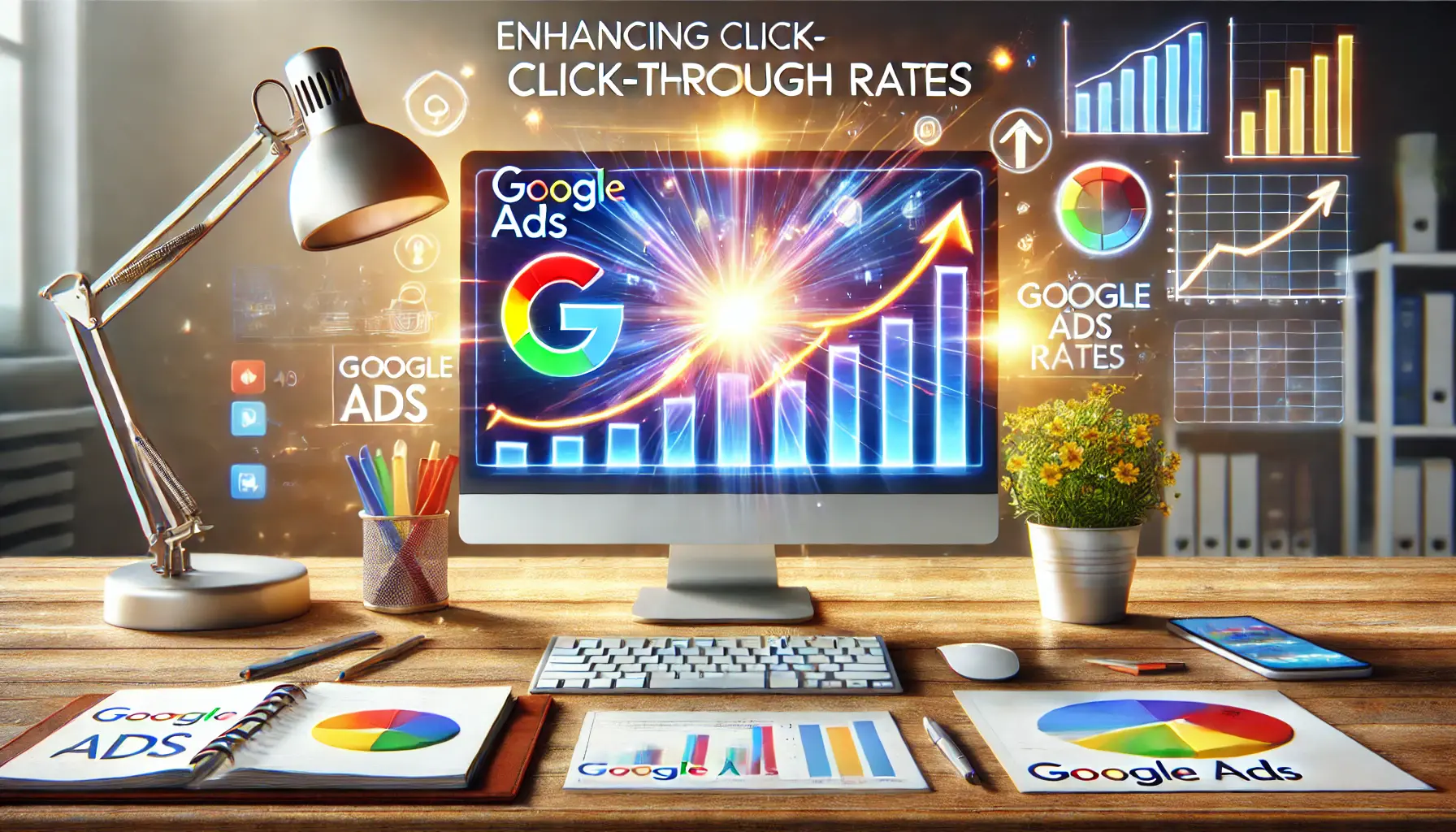 A realistic image of a computer screen displaying a Google Ads dashboard surrounded by charts, arrows, and icons representing digital marketing performance.