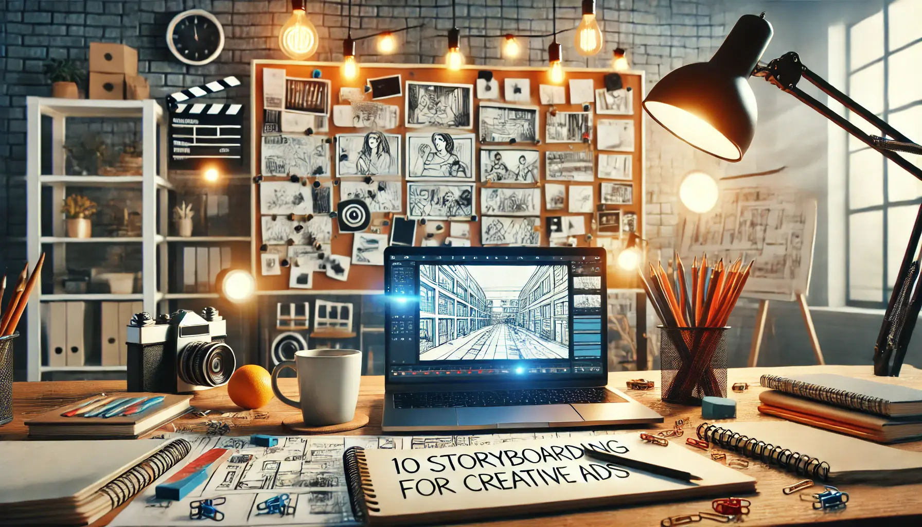 A creative studio with a desk featuring storyboard sketches, pencils, a laptop, and a coffee cup, surrounded by cameras and lighting equipment.