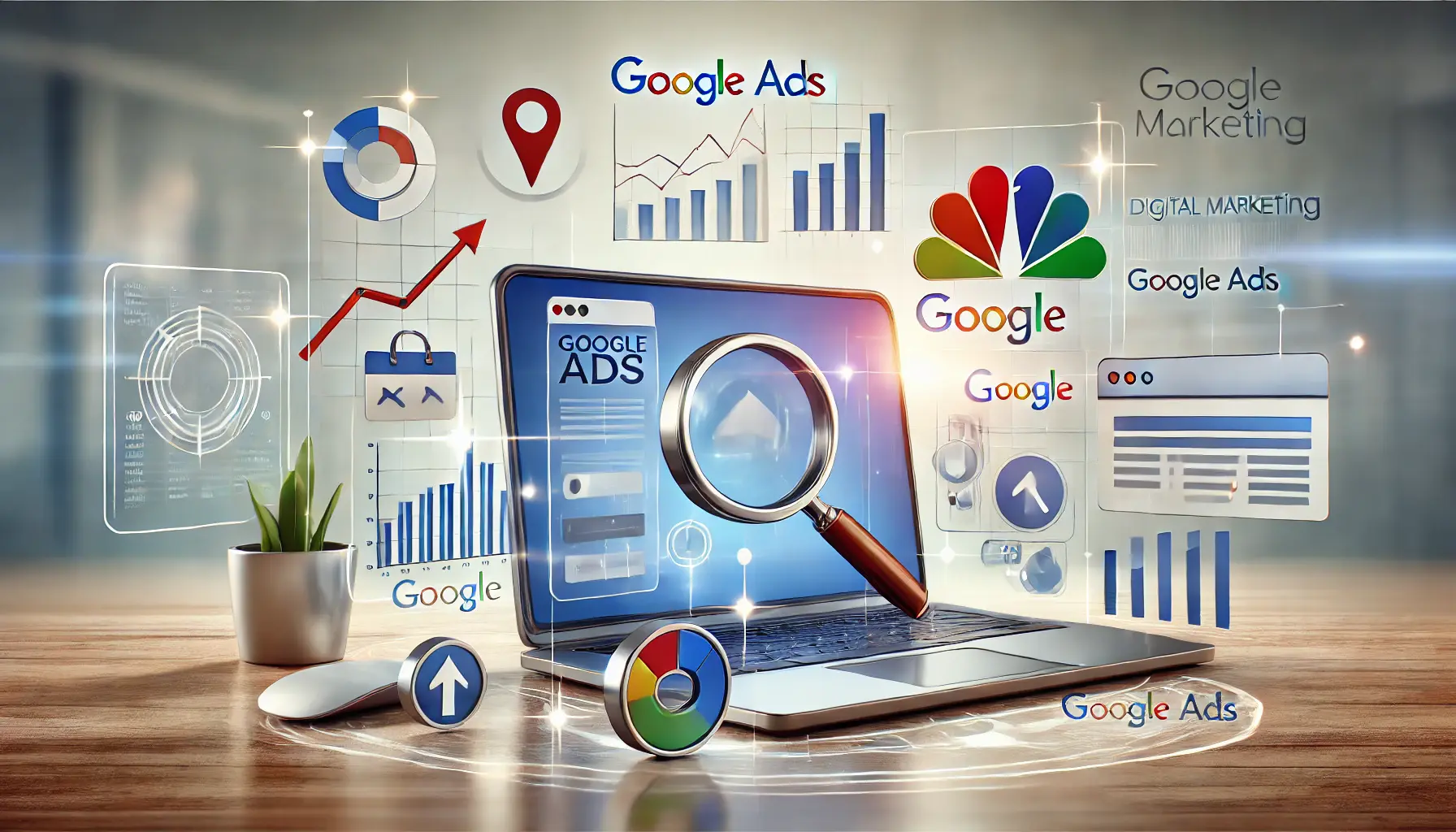 Digital marketing concept showing a laptop with charts, analytics, and optimization icons such as a magnifying glass and upward arrow.