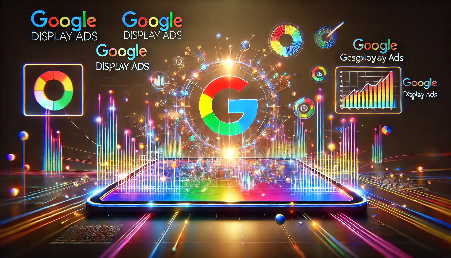 Abstract image showcasing interconnected digital networks and vibrant ad graphics representing Google Display Ads.