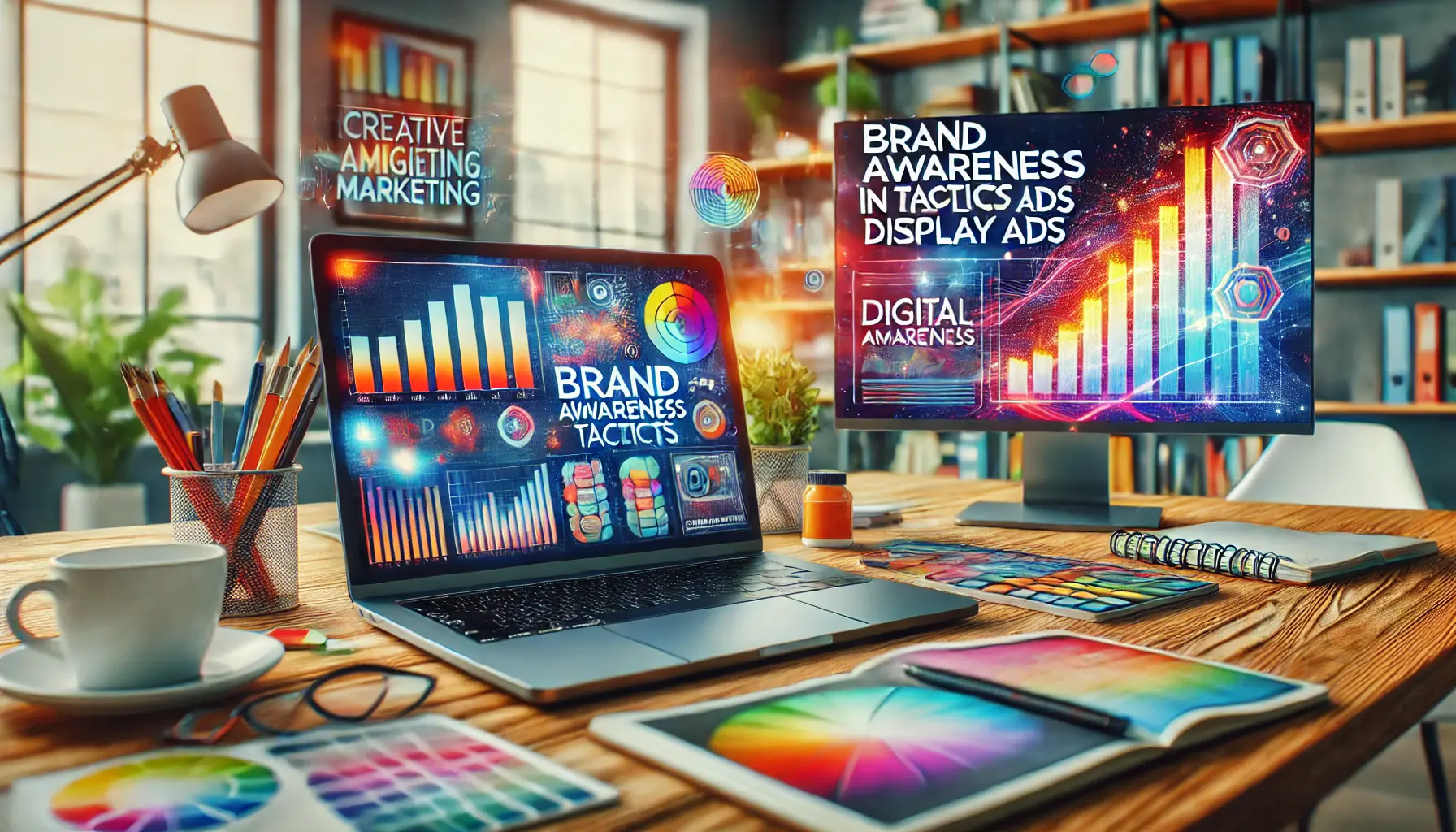 A modern workspace featuring a laptop with analytics graphs, a monitor displaying digital advertisements, and creative tools like color palettes and sketches, highlighting digital marketing strategies.