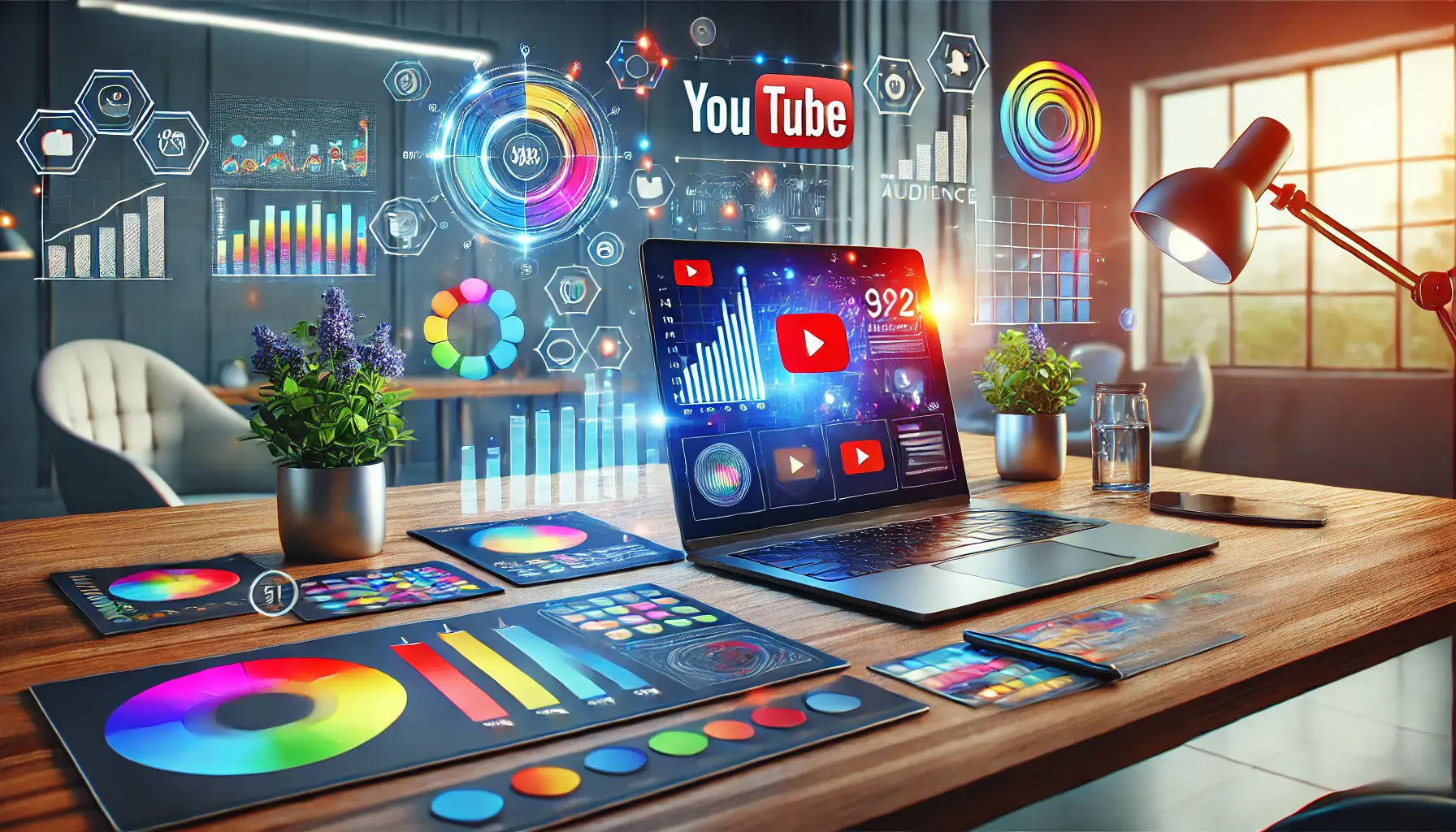 Modern workspace with YouTube ad visuals, branding palette, and analytics displayed, symbolizing branding in digital advertising.