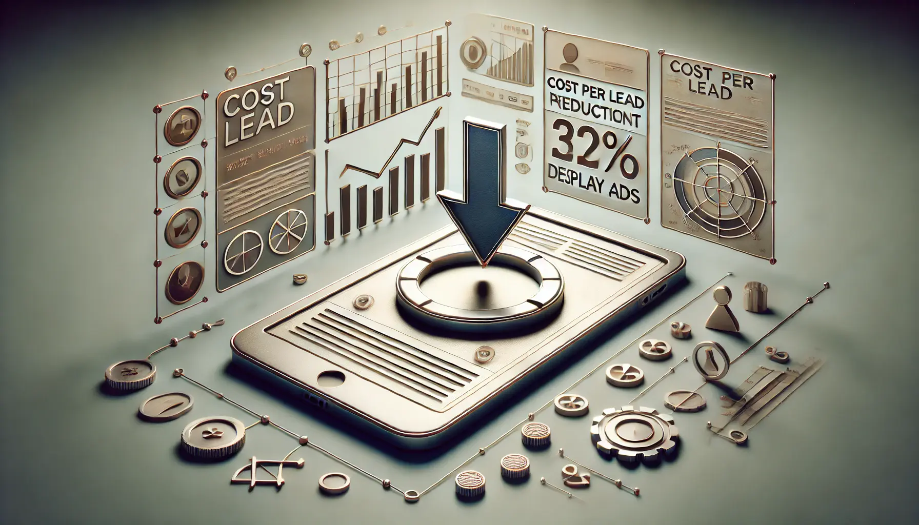 A visually engaging representation of cost per lead reduction in display ads, featuring digital metrics and target icons.