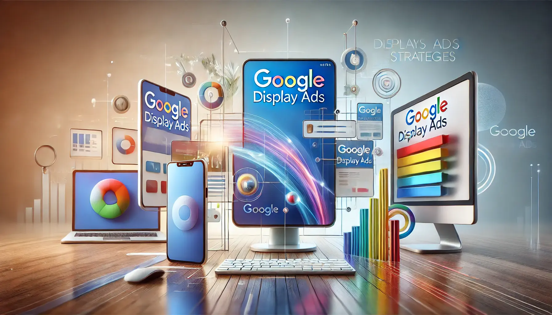 Illustration depicting Google Display Ads strategies with digital devices and advertisement banners.