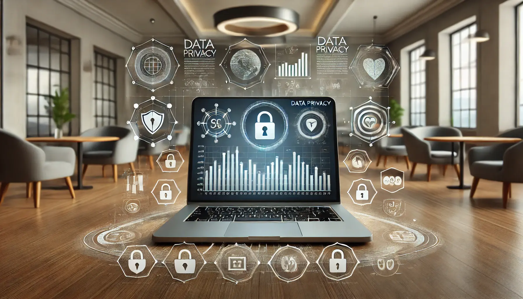 A secure-looking laptop displaying analytics data, surrounded by encryption, shields, and locks icons, symbolizing data privacy in digital advertising.