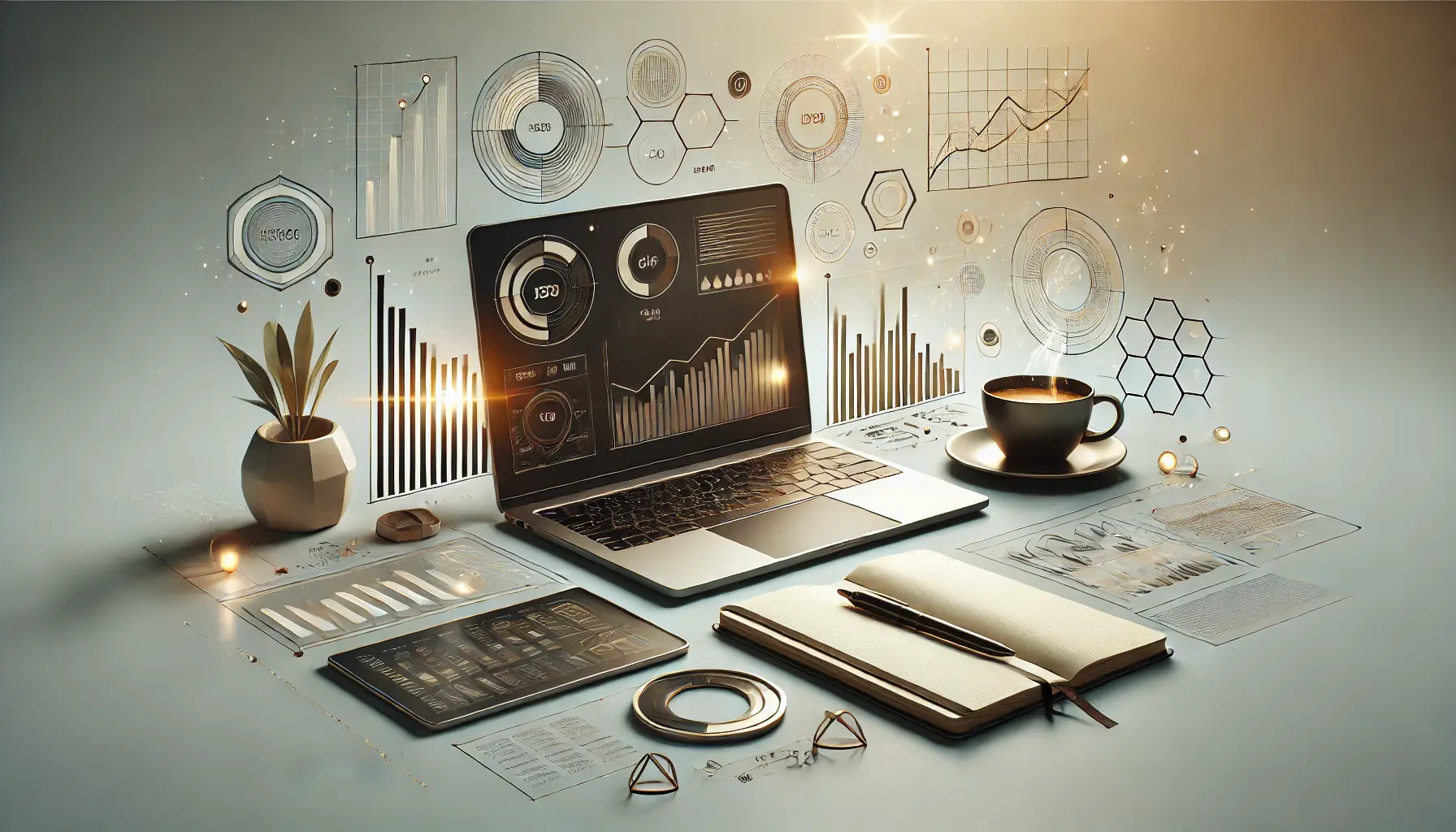 A modern workspace setup featuring a sleek laptop with analytics charts, a coffee cup, and a notebook on a clean, minimalist desk with warm lighting.