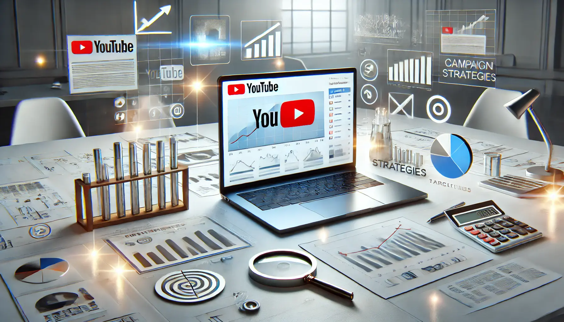 A laptop displaying YouTube analytics surrounded by icons representing ad strategies like charts, targeting, and metrics.