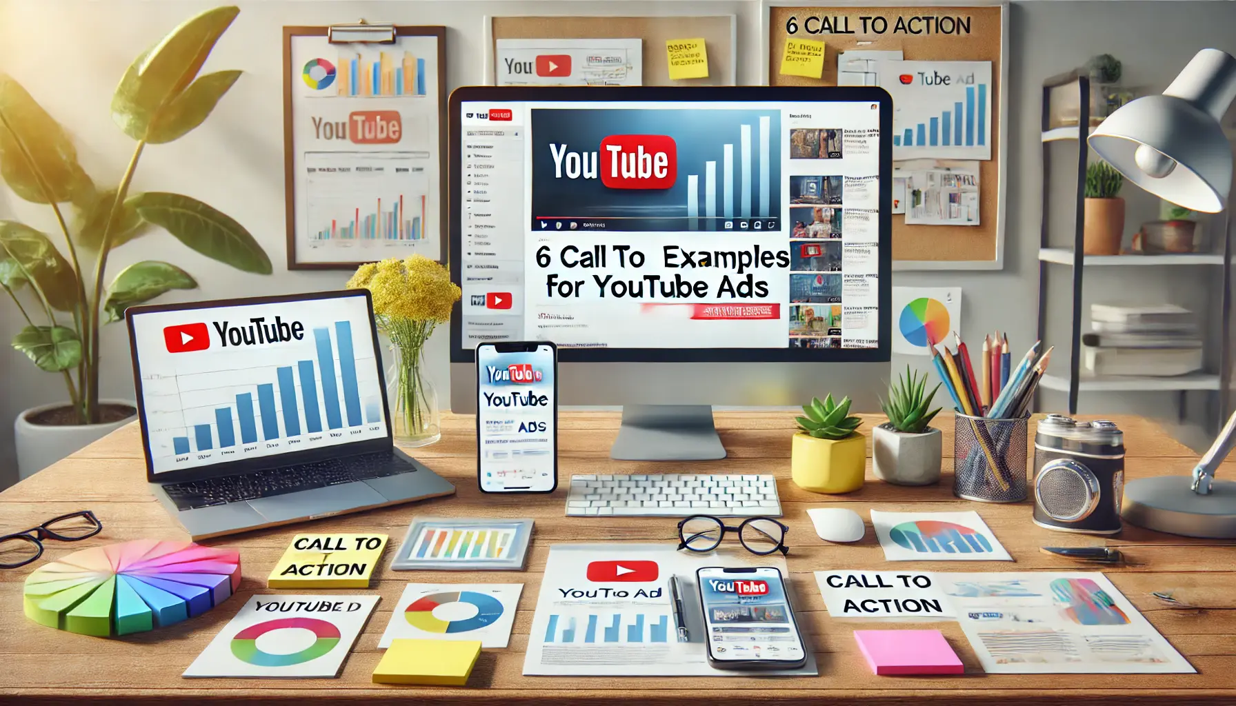 A digital marketing workspace featuring a computer screen displaying YouTube analytics, a smartphone with a YouTube ad, and creative tools like charts and sticky notes, emphasizing call-to-action strategies.