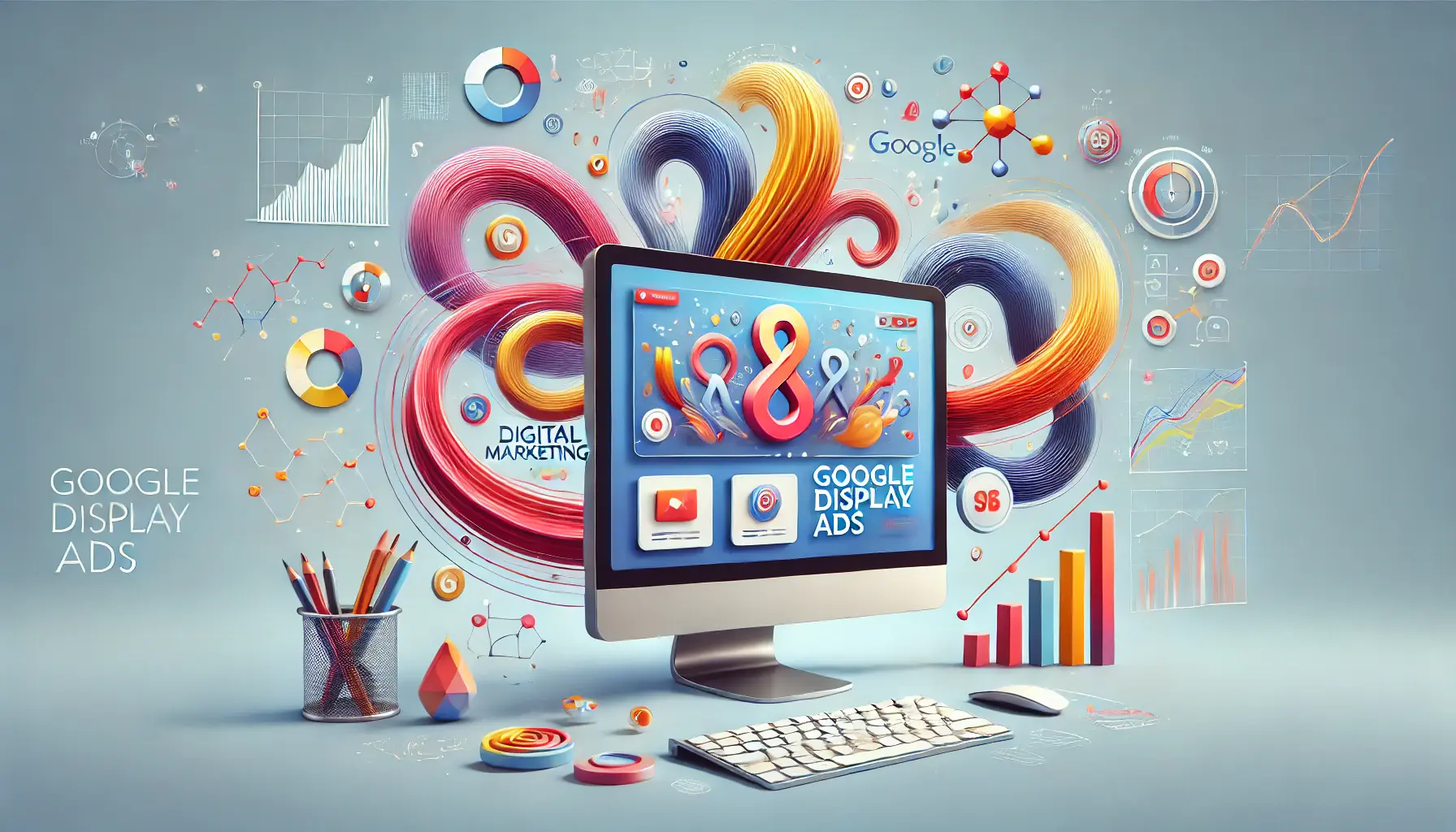 Abstract illustration representing digital marketing strategies with a synergy theme, including colorful intertwining waves and a desktop screen showcasing an ad.