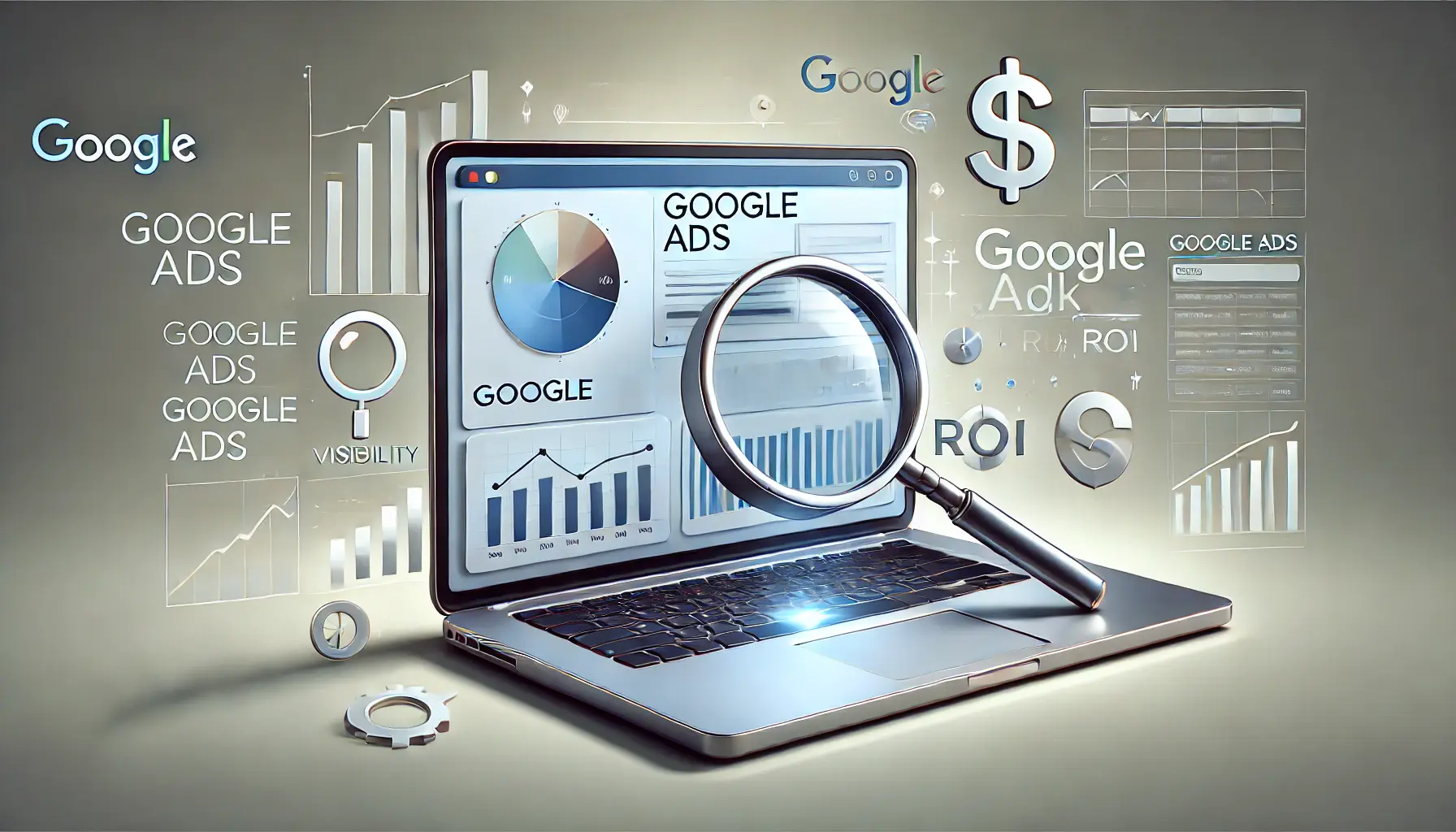 Illustration of a Google Ads dashboard on a laptop with surrounding digital marketing icons, representing metrics and performance tracking.