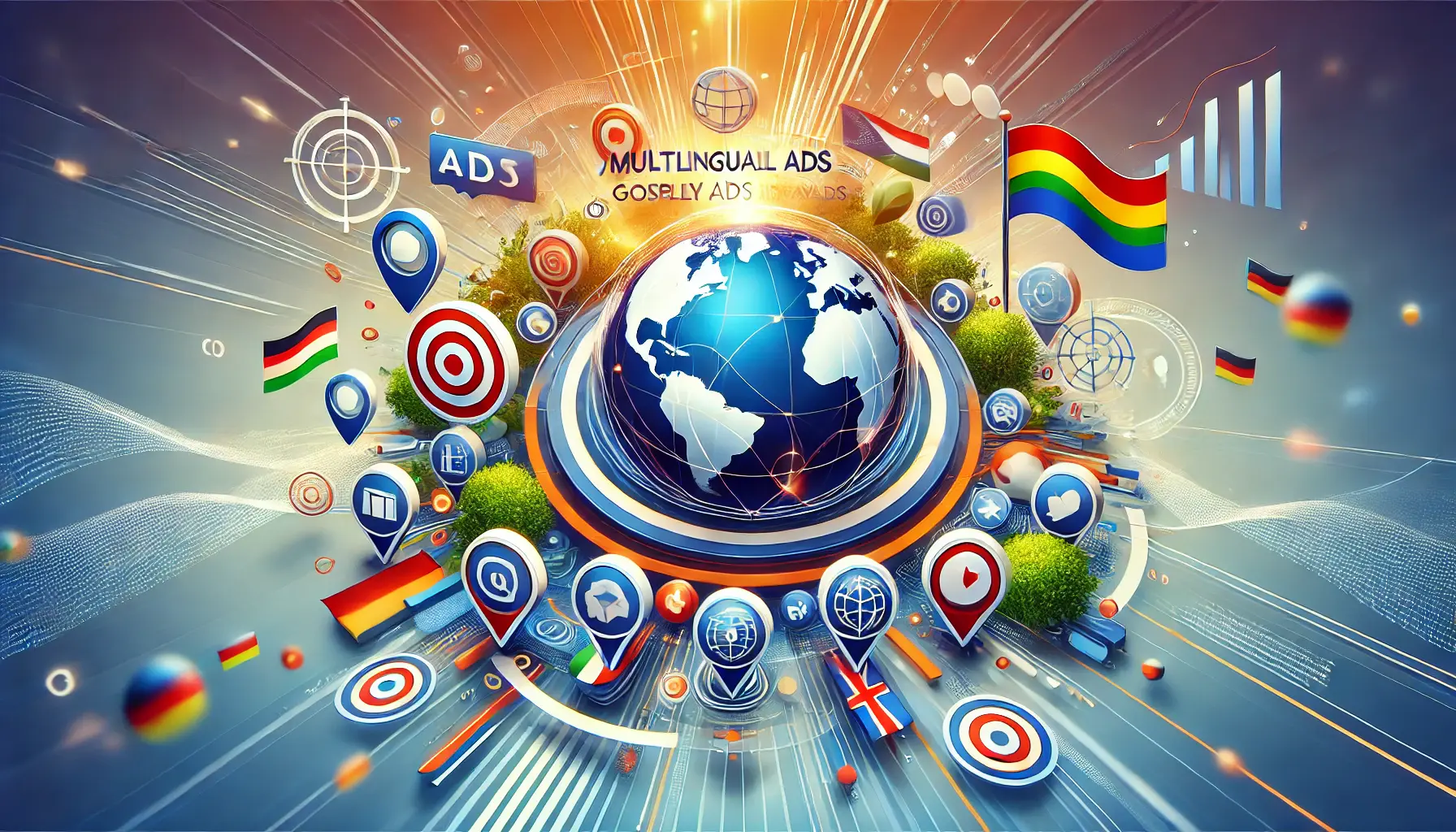 A stylized representation of Earth surrounded by digital marketing icons and small flags representing multiple languages, set against a gradient background.