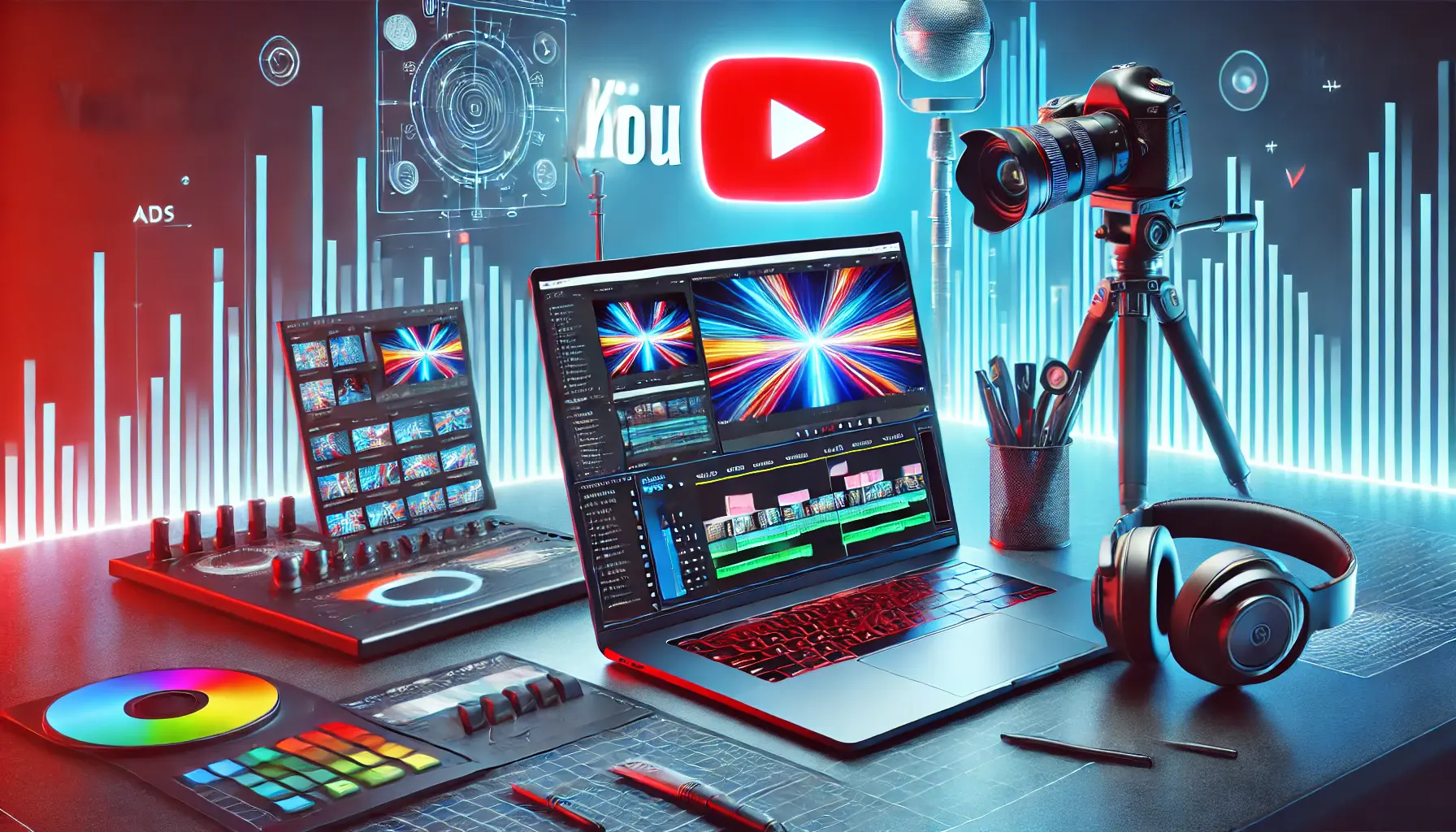 A sleek workspace with a laptop displaying video editing software, colorful timeline, professional camera equipment, and a YouTube logo.