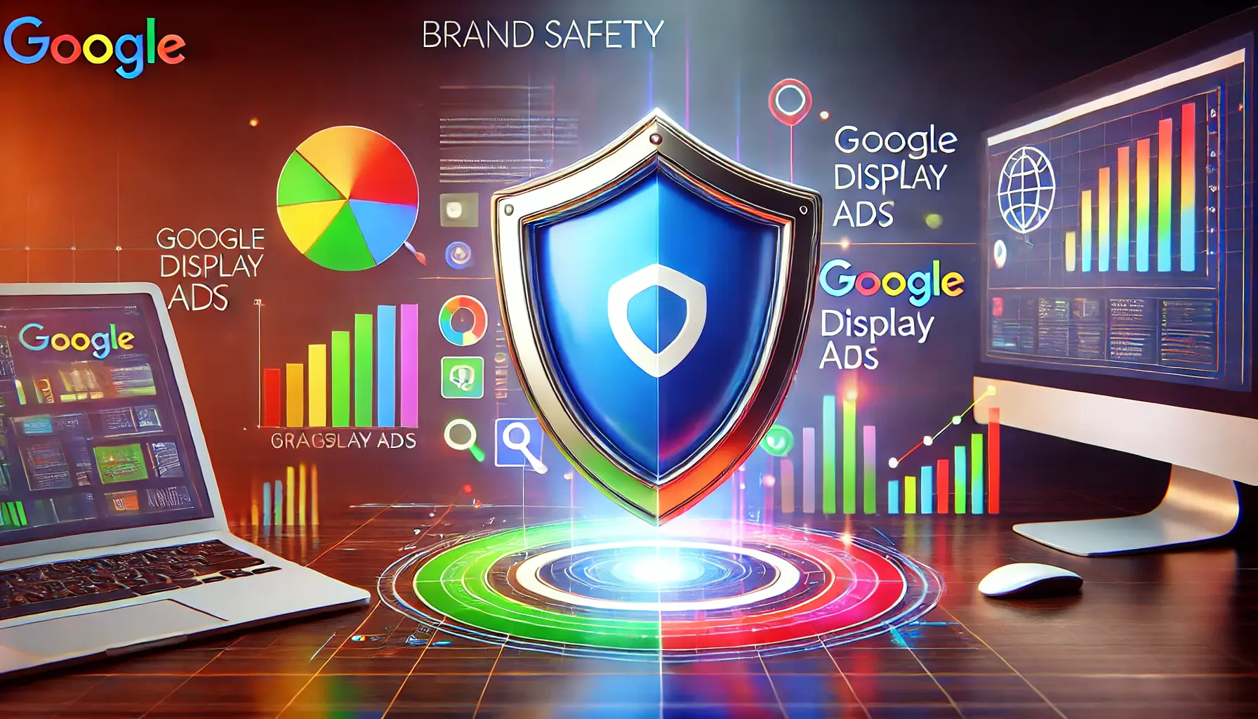 A shield symbol representing brand safety in digital advertising, with elements of a digital environment like graphs and ad-related icons in the background.