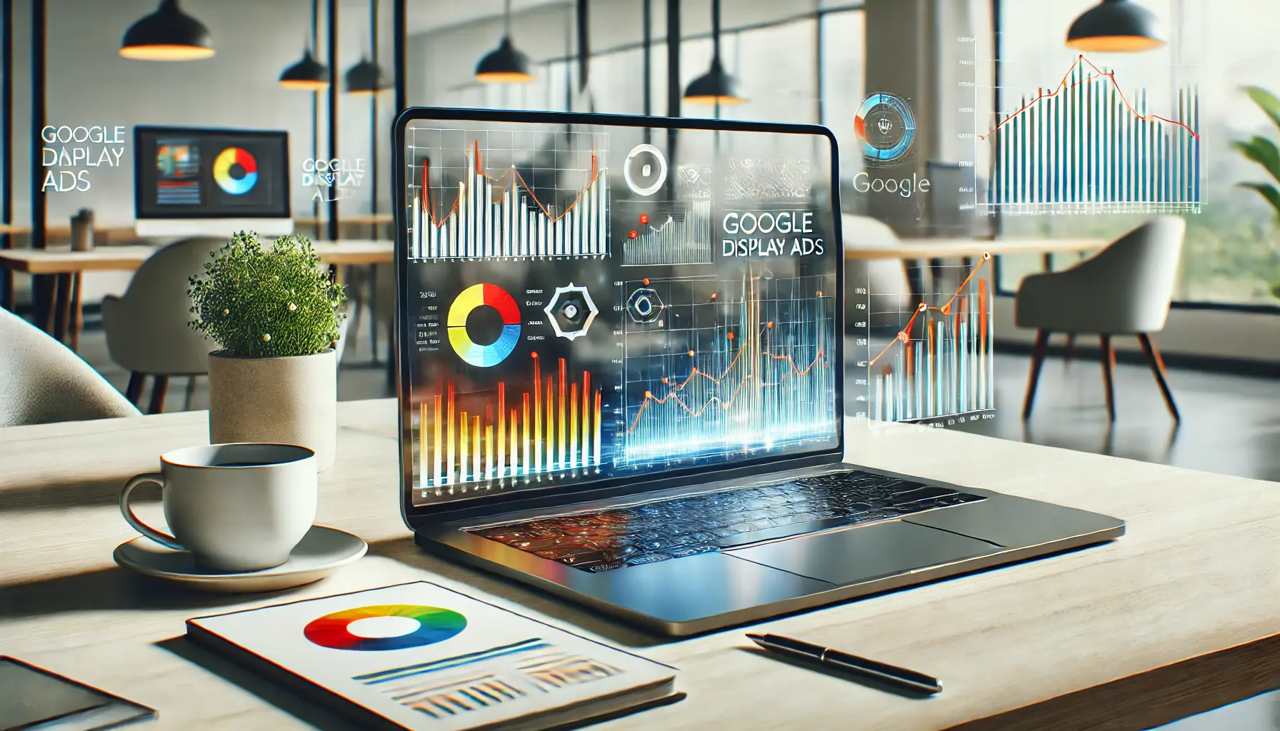 A modern digital marketing setup with a laptop displaying vibrant data analytics graphs and charts, placed on a minimalist desk with a coffee cup and greenery in the background.