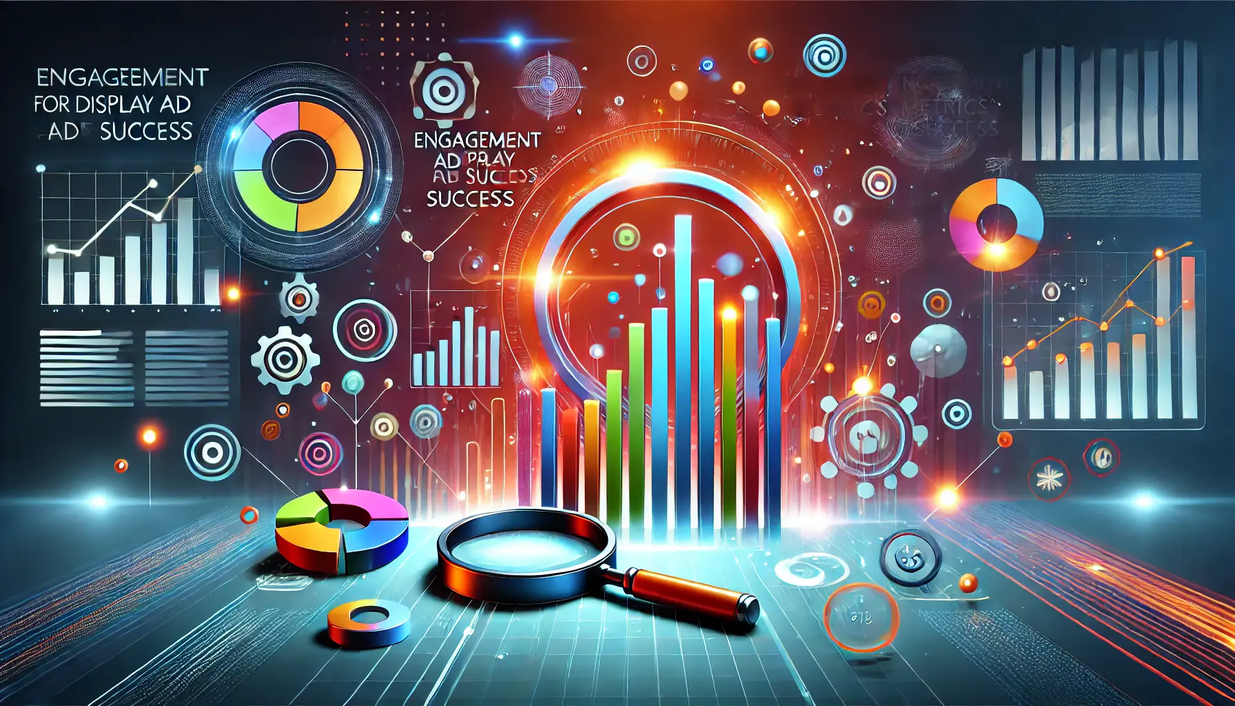 A digital marketing-themed image with icons of a bar chart, pie chart, and magnifying glass surrounded by abstract glowing shapes, representing engagement metrics and data analysis.