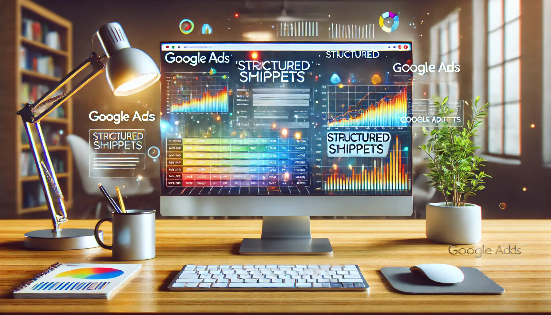 A digital marketing workspace with a computer screen showing Google Ads interface, including structured snippets, analytics, and charts.