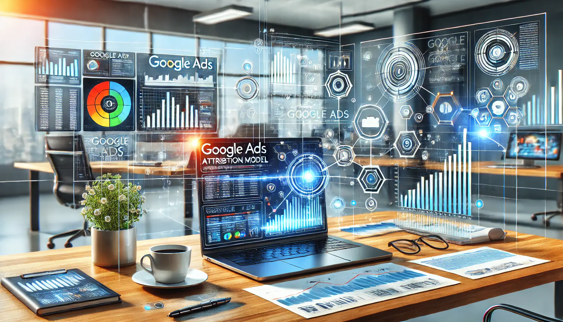 A workspace with a laptop displaying Google Ads dashboards and data charts, set in a modern office environment.