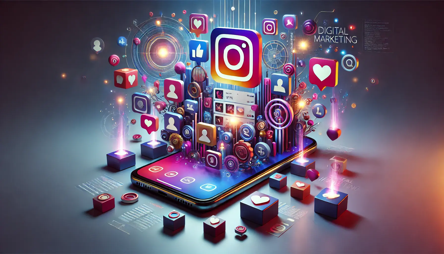 A modern digital marketing concept featuring a smartphone displaying an engaging Instagram feed with glowing icons and interaction symbols around it.