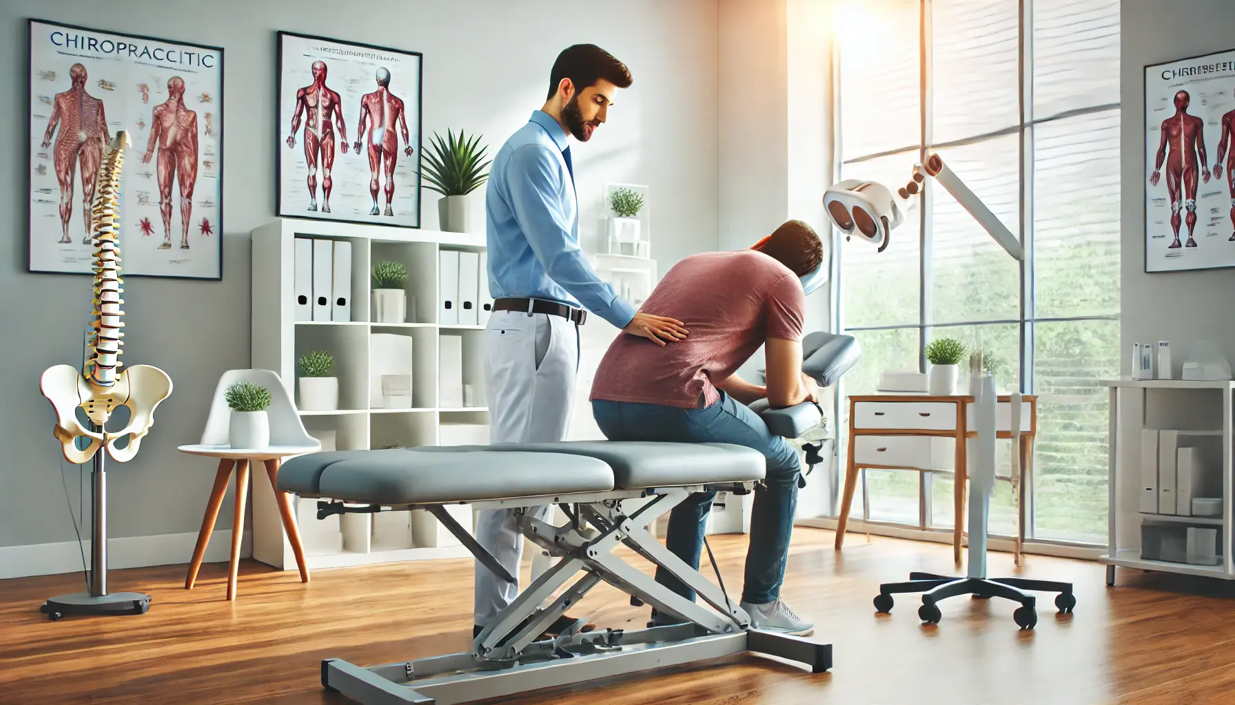 A modern chiropractic clinic with a chiropractor attending to a patient, showcasing professional healthcare services.