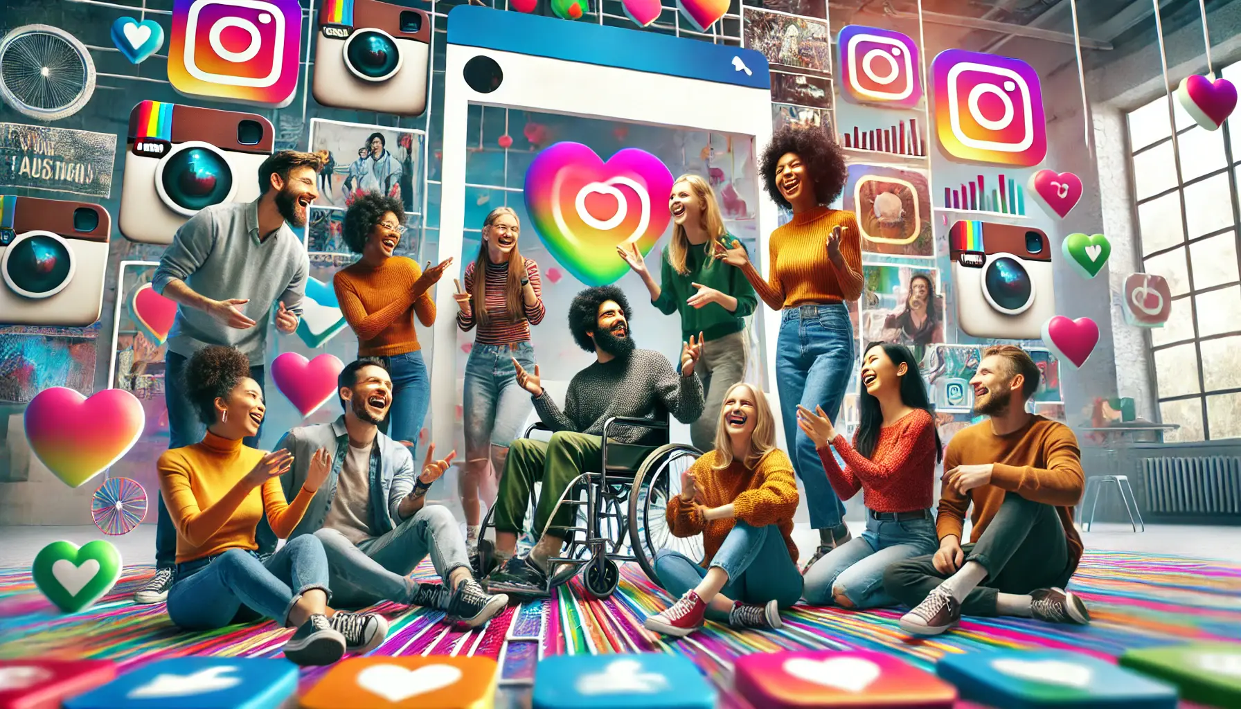 A diverse group of people engaging joyfully in a colorful, modern environment symbolizing inclusivity and representation with Instagram-style elements in the background.