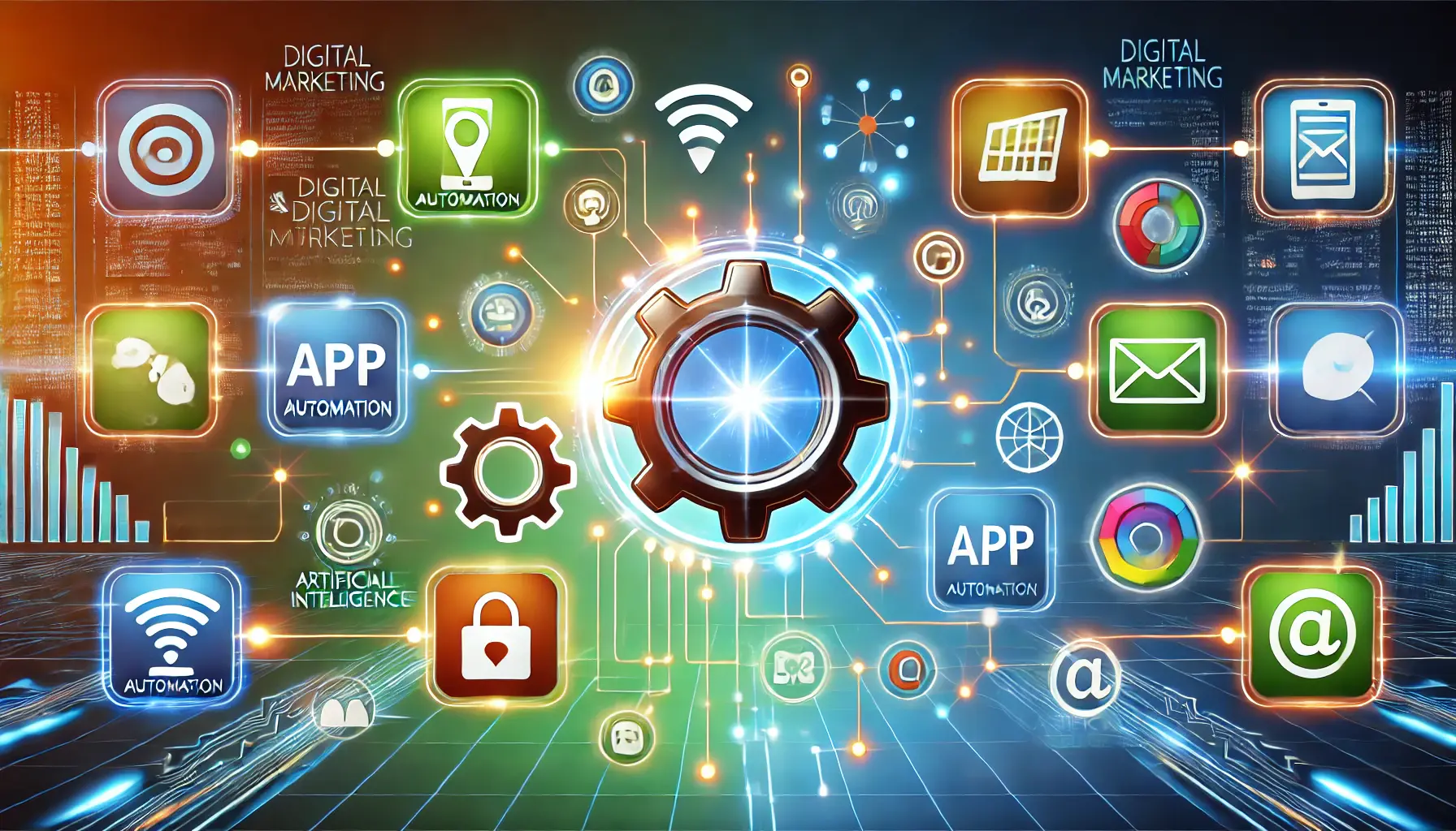 A vibrant digital marketing-themed image featuring a glowing gear symbolizing automation, surrounded by interconnected app icons and ad banners.