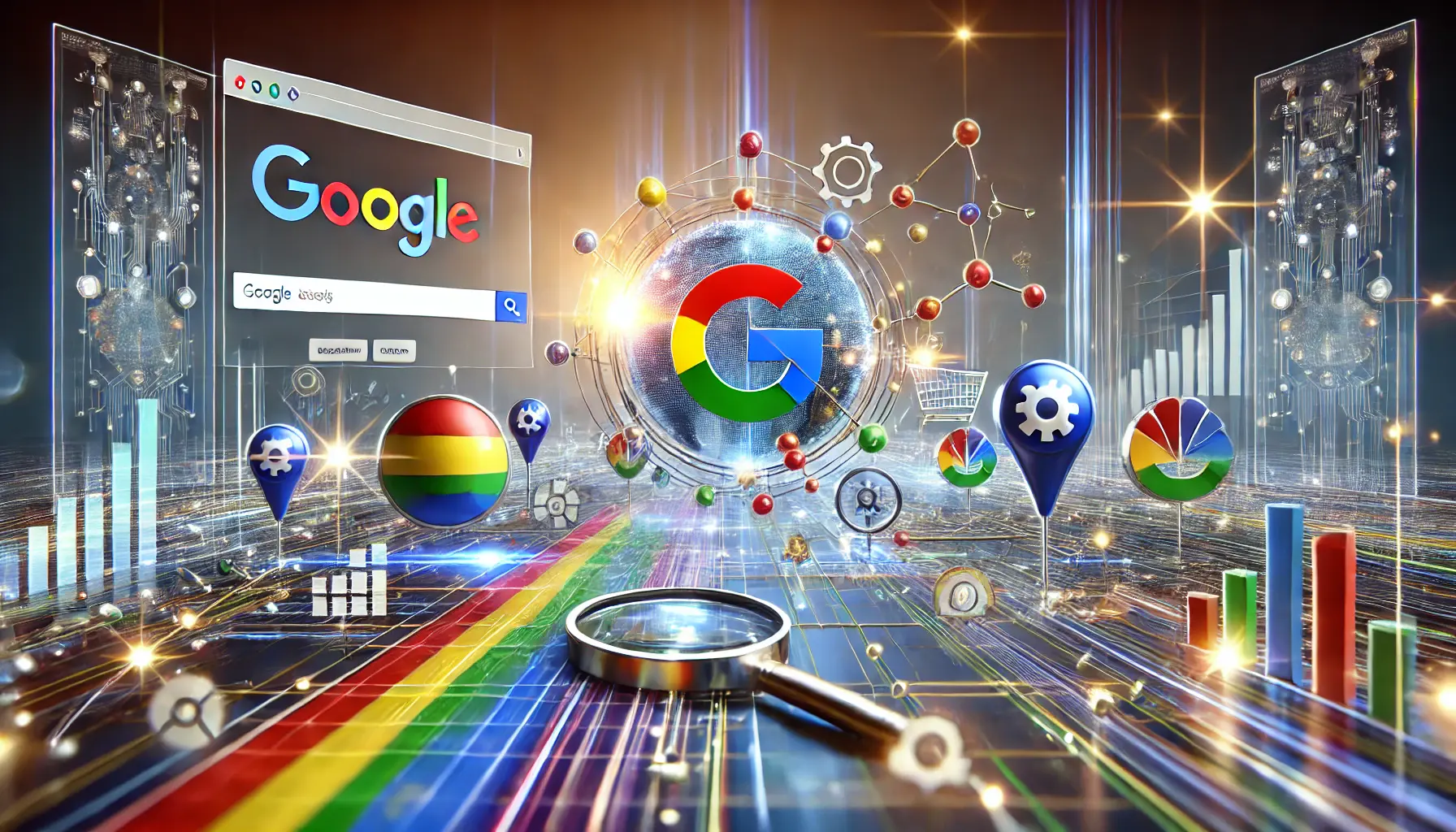 A professional depiction of Google's advertising ecosystem with a search engine interface, data analytics, and digital marketing icons.