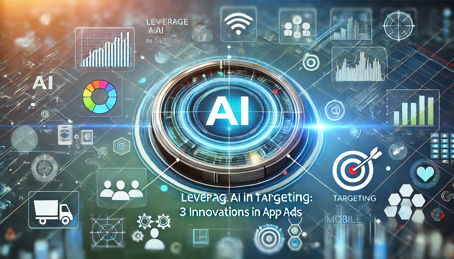 Digital interface illustrating AI and data analytics for app advertising, with icons representing targeting and technology.