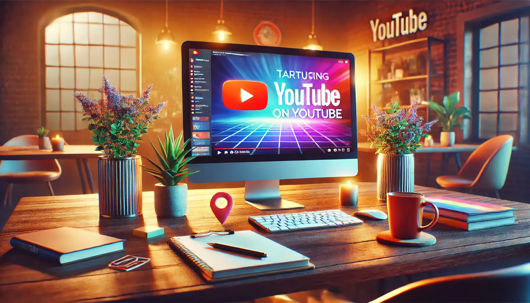 A desktop workspace showcasing YouTube on a computer screen, emphasizing local advertising with a visible map interface, surrounded by cozy elements like plants, a coffee cup, and a notepad.