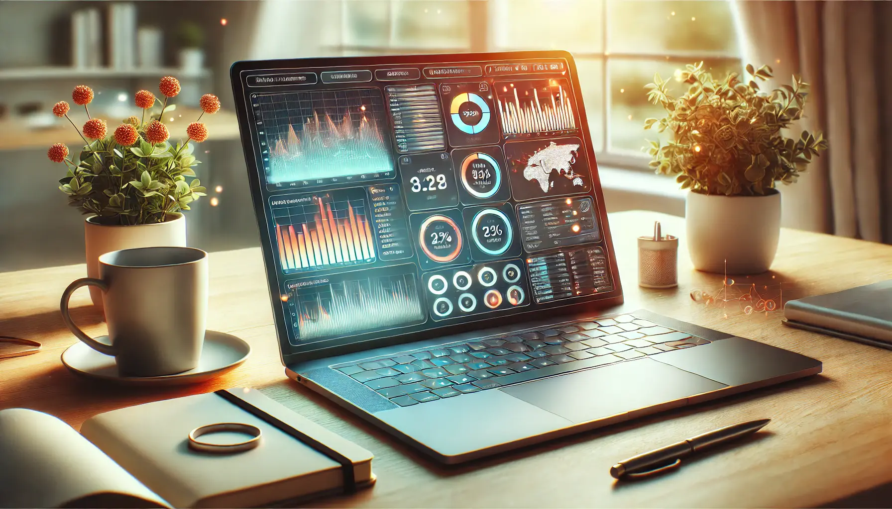 A modern laptop displaying an analytics dashboard on a desk, surrounded by office items like a coffee mug and notebook, with a bright workspace in the background.