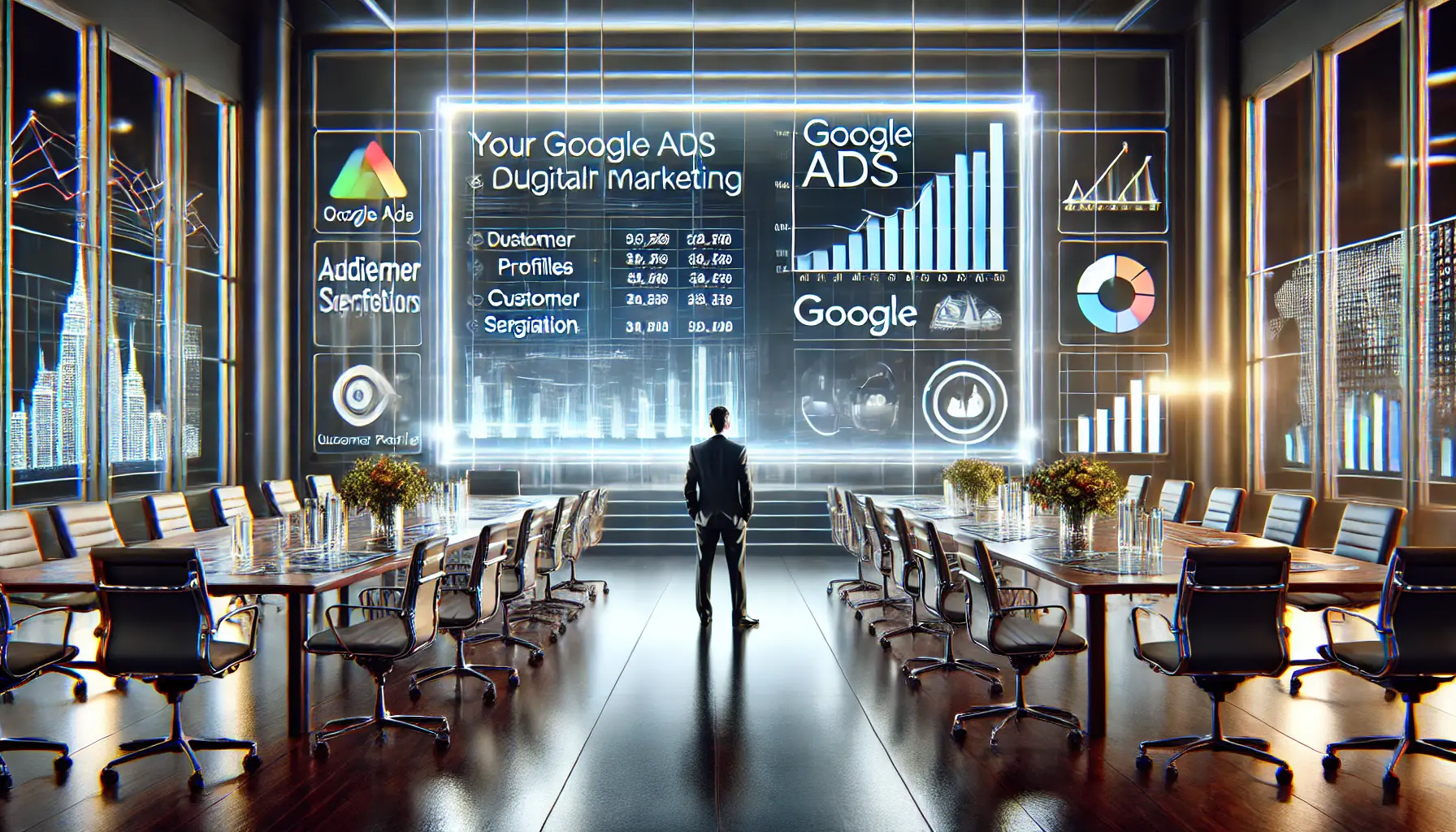 A sleek Google Ads dashboard displaying customer data, graphs, and audience segmentation visuals in a futuristic, well-lit office setting.